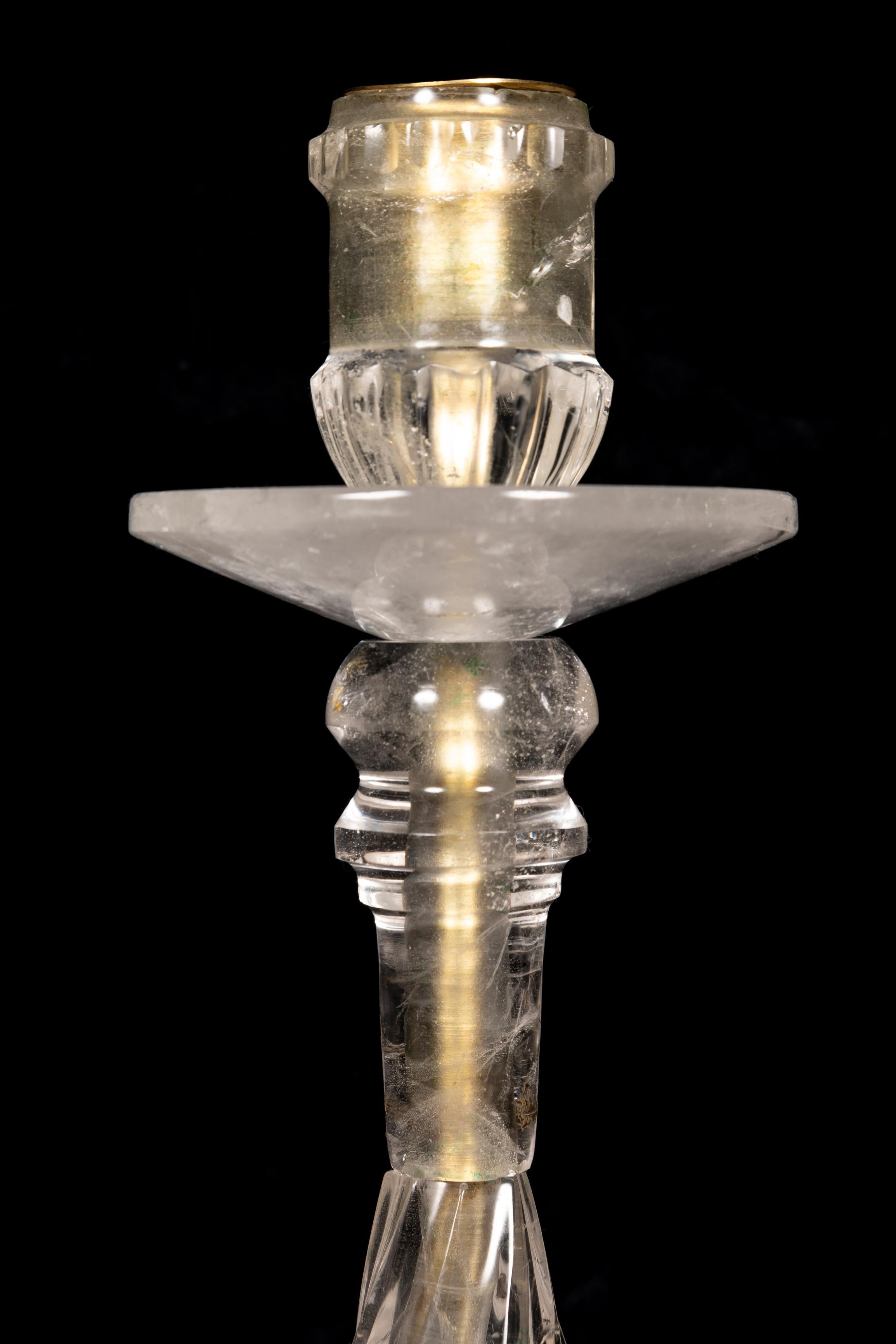 Four Large Louis XVI Style Rock Crystal Quartz and Bronze Candlesticks In Good Condition For Sale In New York, NY