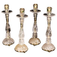 Four Large Louis XVI Style Rock Crystal Quartz and Bronze Candlesticks