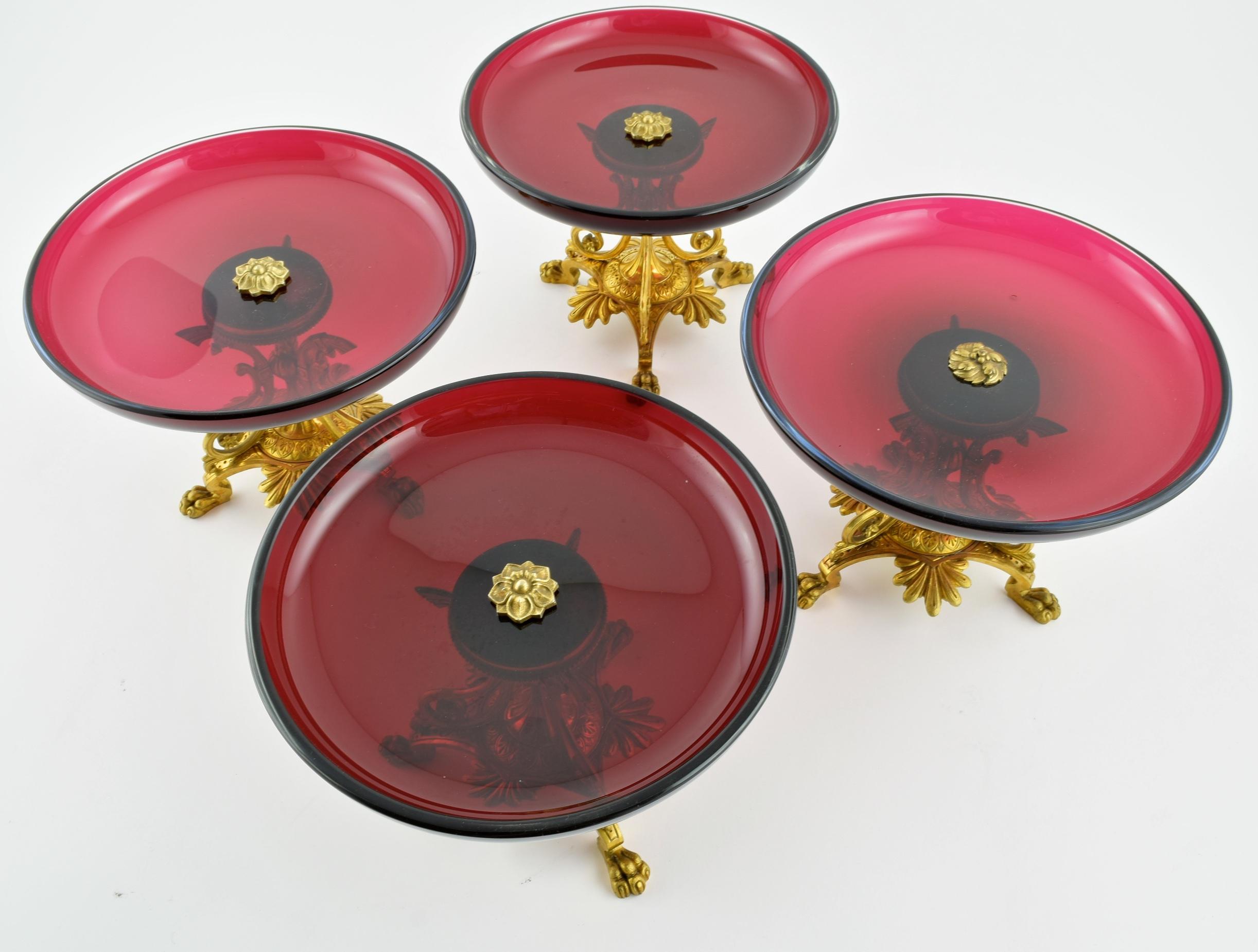 Set of 4 Late 19th Century Ormolu Ruby Glass Comport Dessert Stands In Good Condition For Sale In London, GB