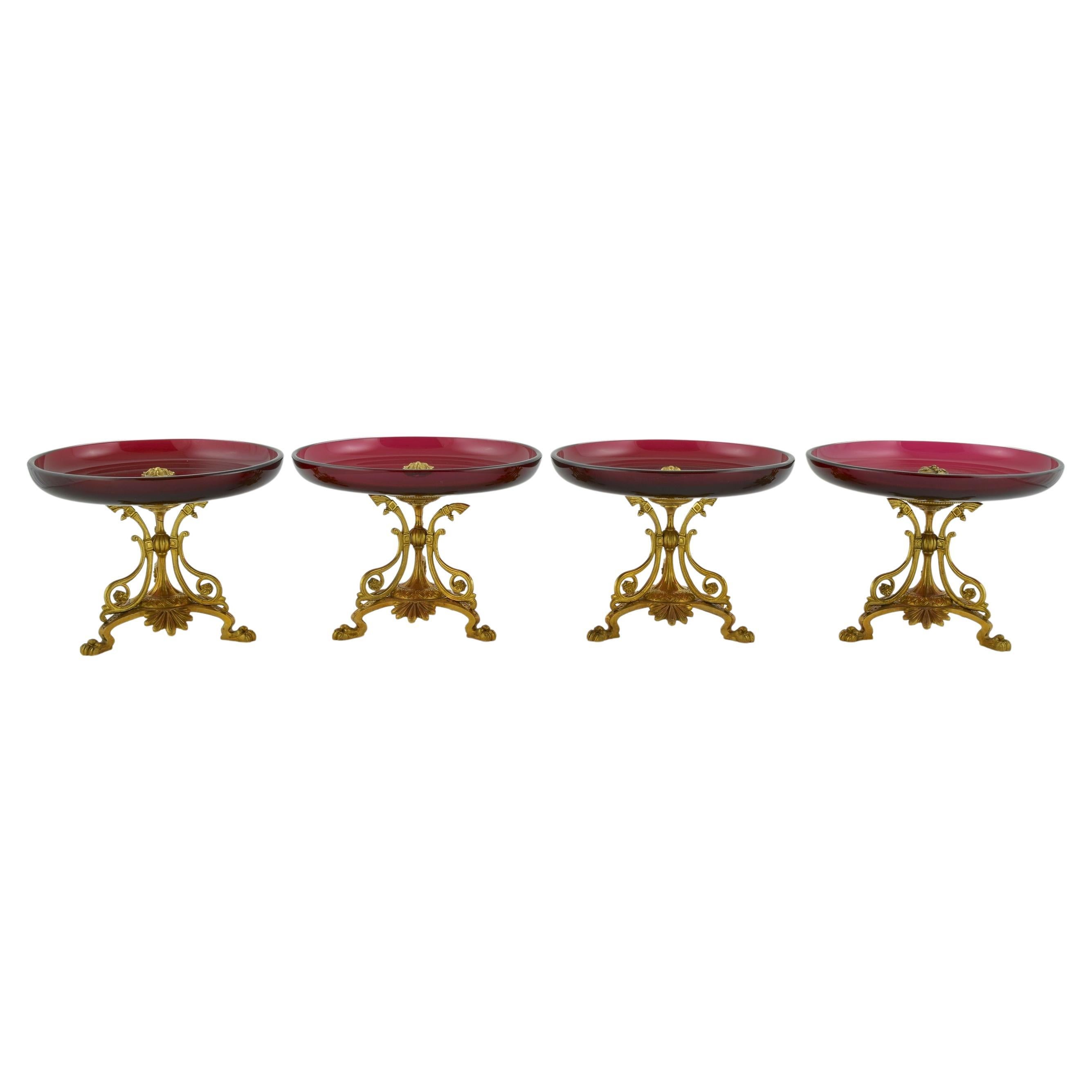 Set of 4 Late 19th Century Ormolu Ruby Glass Comport Dessert Stands