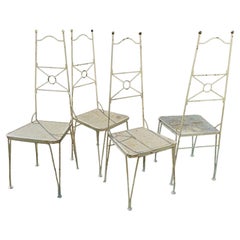 un set di 4 sedie da giardino in metallo e rete del Mid-Century, con terminali a sfera in ottone.