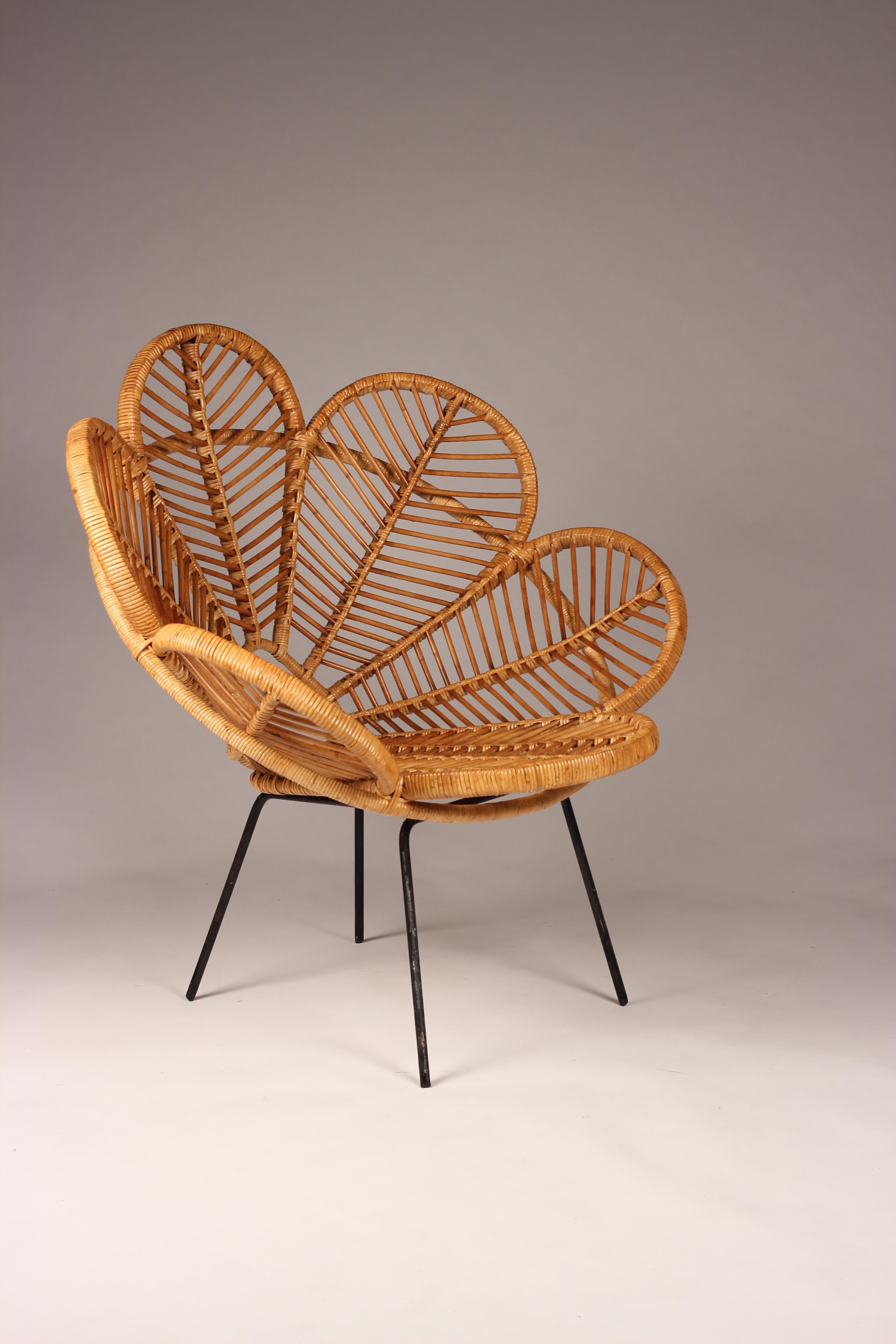 Metal Cane, Wicker and Raffia Flower garden Chairs Mid Century French Design