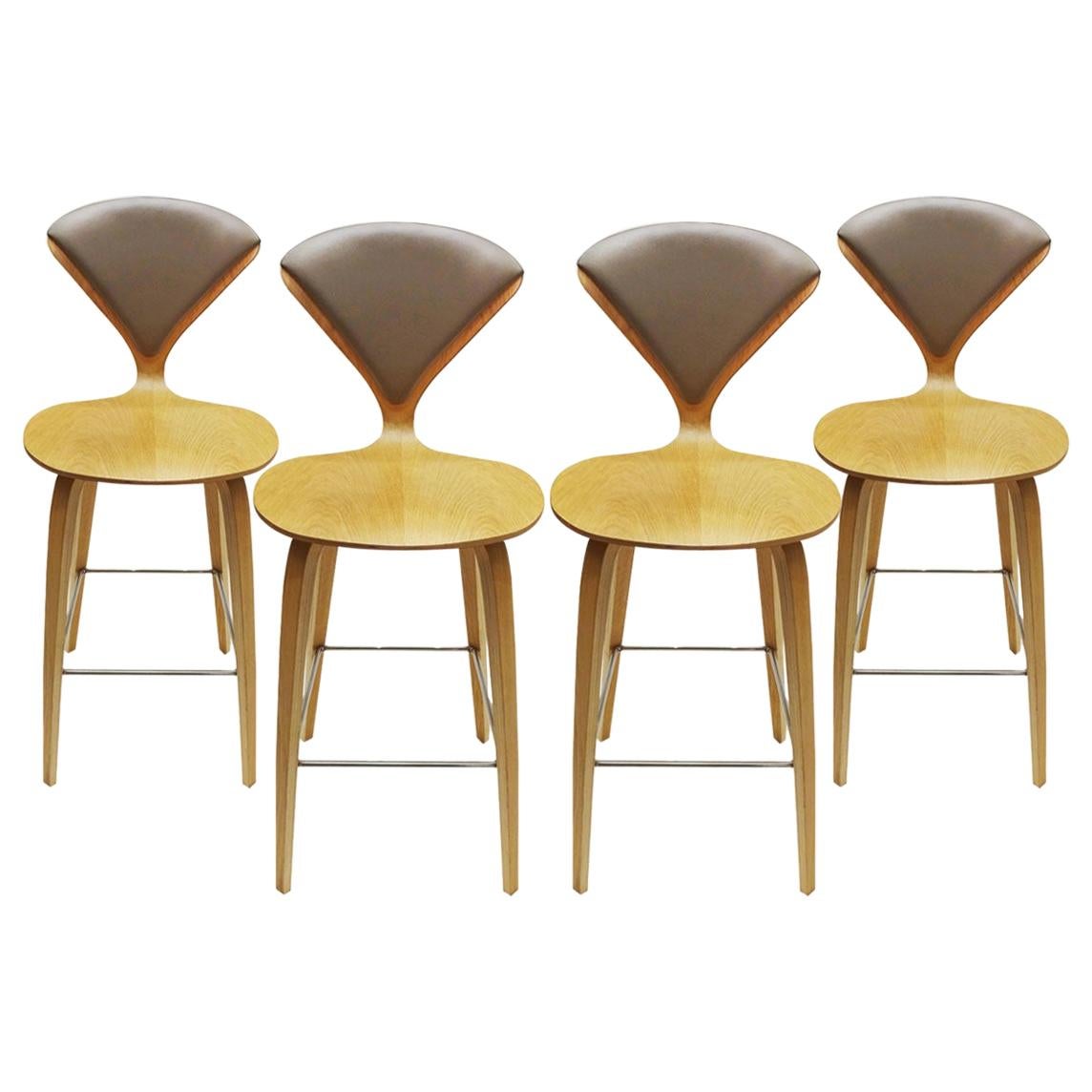 Set of 4 Norman Cherner Designed Oak, Chrome and Plywood Bar Stools