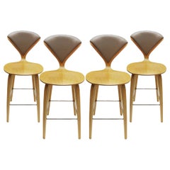 Set of 4 Norman Cherner Designed Oak, Chrome and Plywood Bar Stools