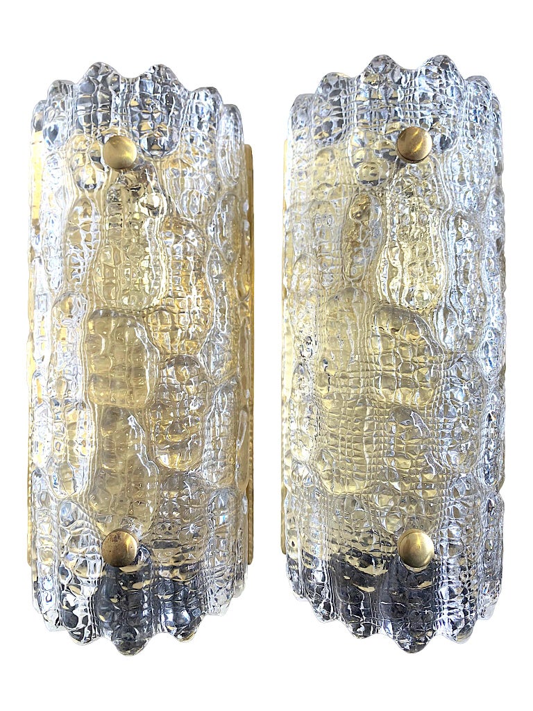 Swedish A pair of Orrefors Glass Wall Sconces with Brass Plates by Carl Fagerlund For Sale
