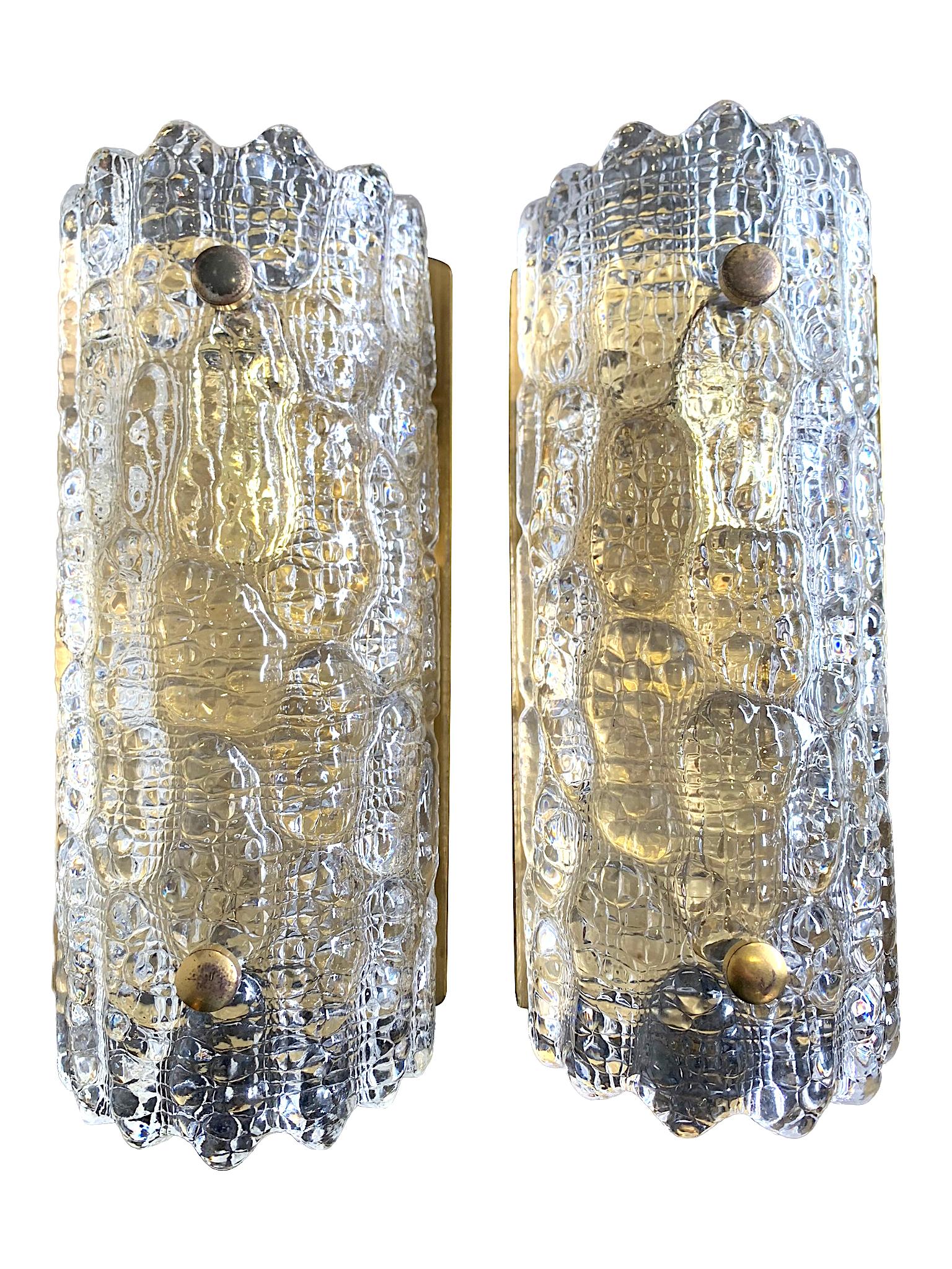Mid-20th Century A pair of Orrefors Glass Wall Sconces with Brass Plates by Carl Fagerlund For Sale
