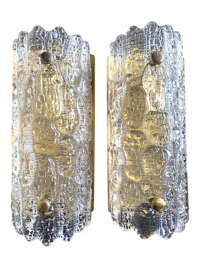 A pair of Orrefors Glass Wall Sconces with Brass Plates by Carl Fagerlund For Sale 1