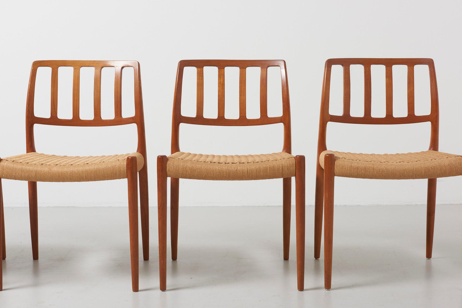 A set of 4 dining chairs in teak with original papercord.
Model 83 - designed in 1974 by Niels O. Møller.
Produced by J.L.Møller in Denmark.