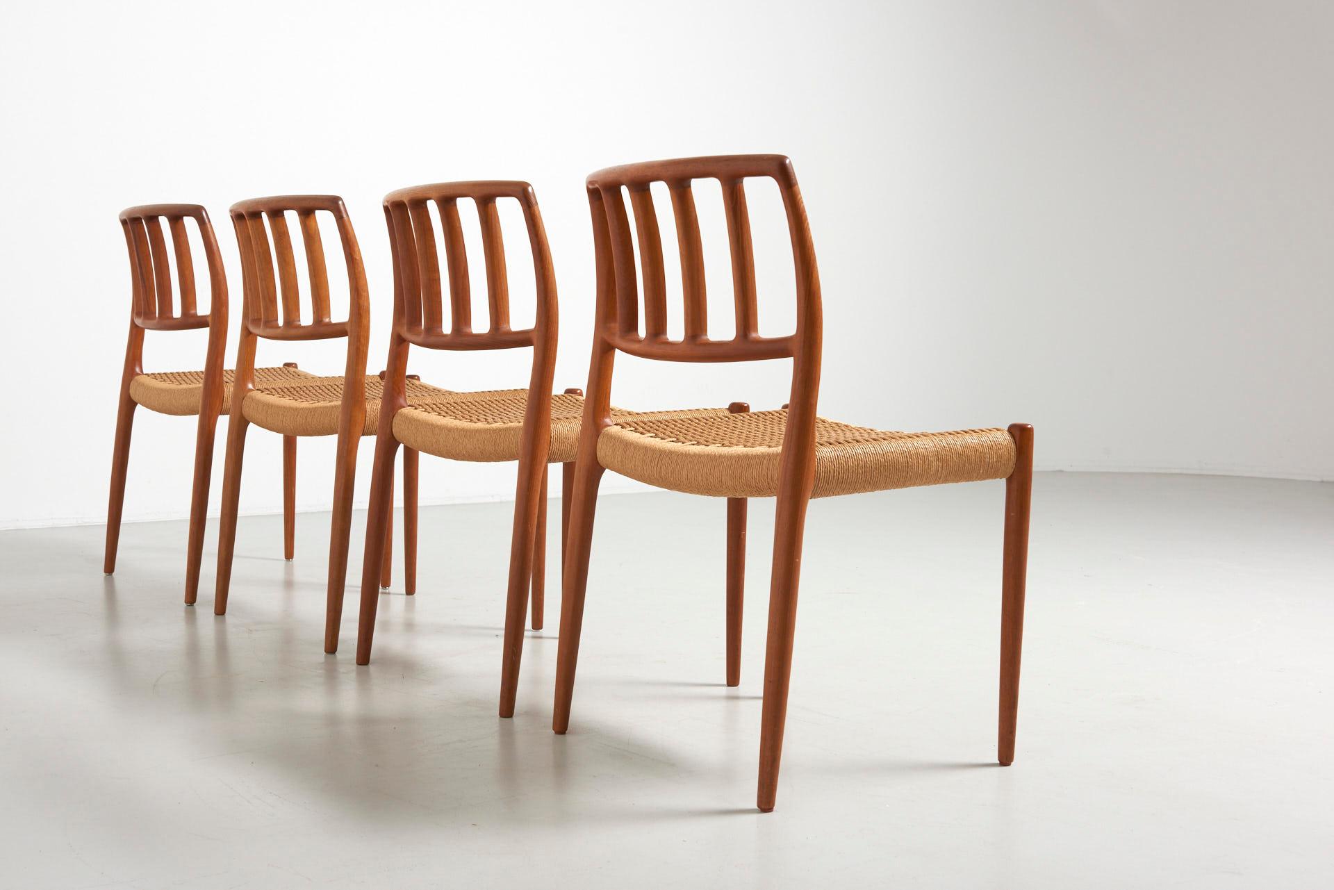 Danish Set of 4 Papercord Dining Chairs in Teak Model 83 Designed by Niels O. Møller