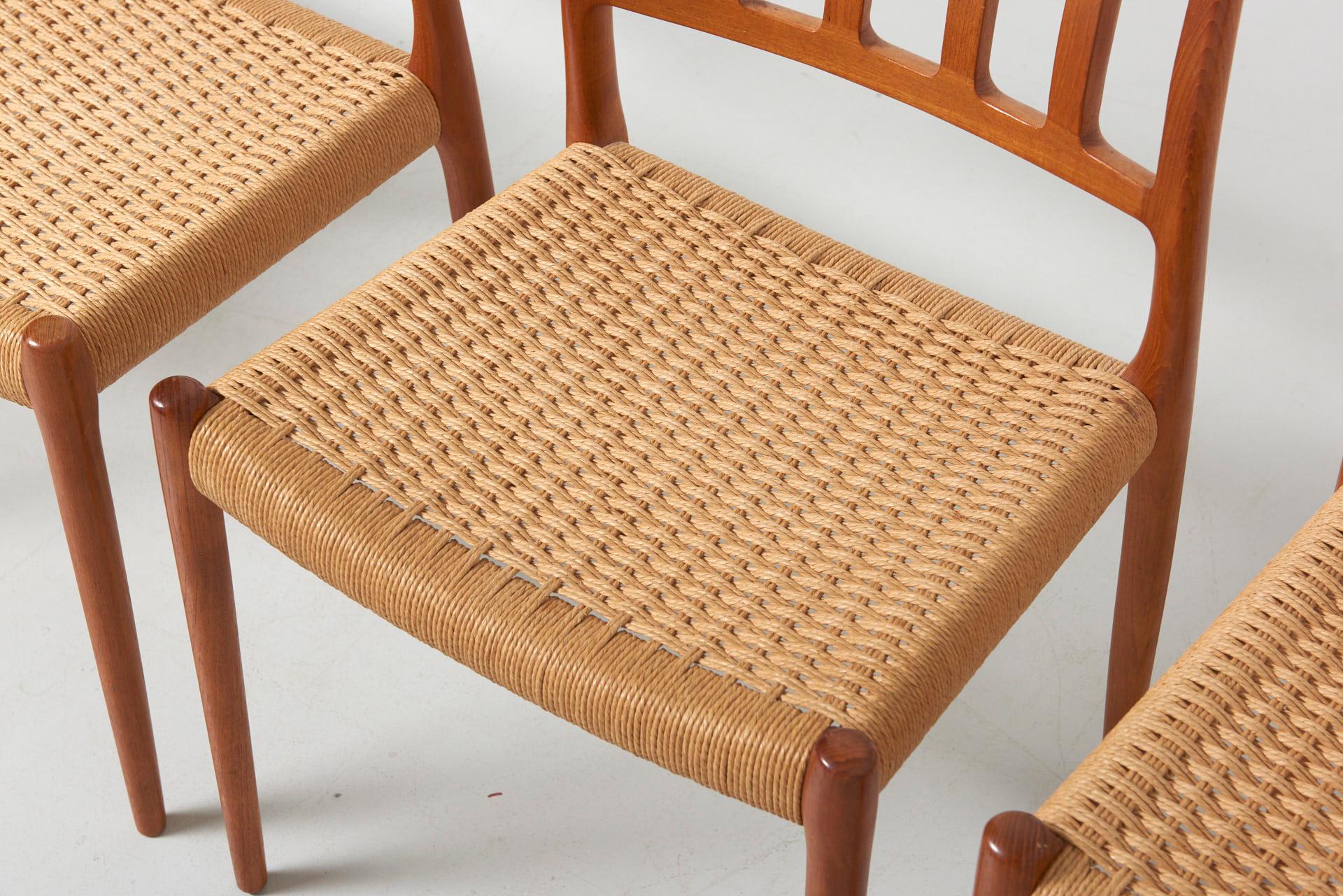 Late 20th Century Set of 4 Papercord Dining Chairs in Teak Model 83 Designed by Niels O. Møller