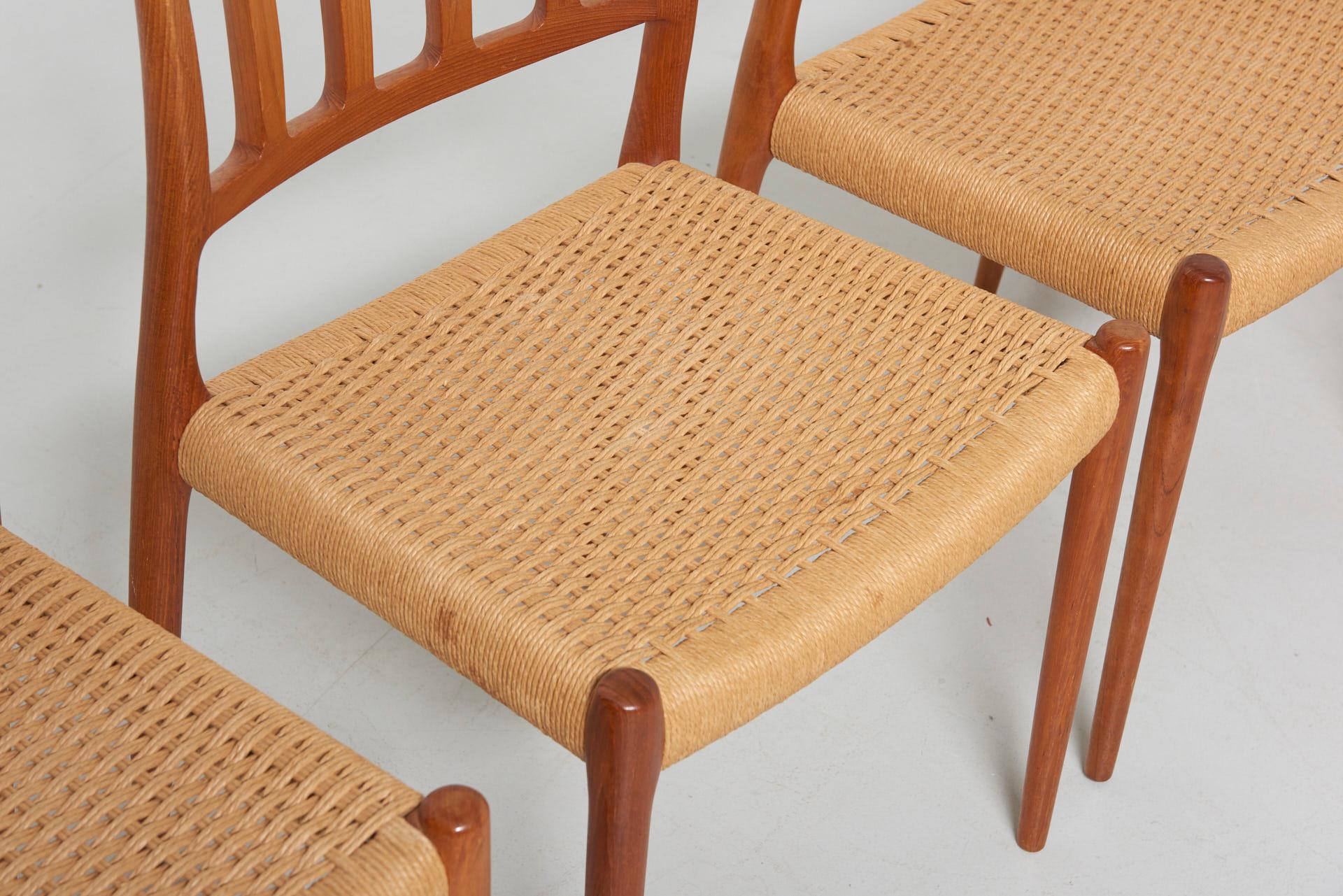 Set of 4 Papercord Dining Chairs in Teak Model 83 Designed by Niels O. Møller 1
