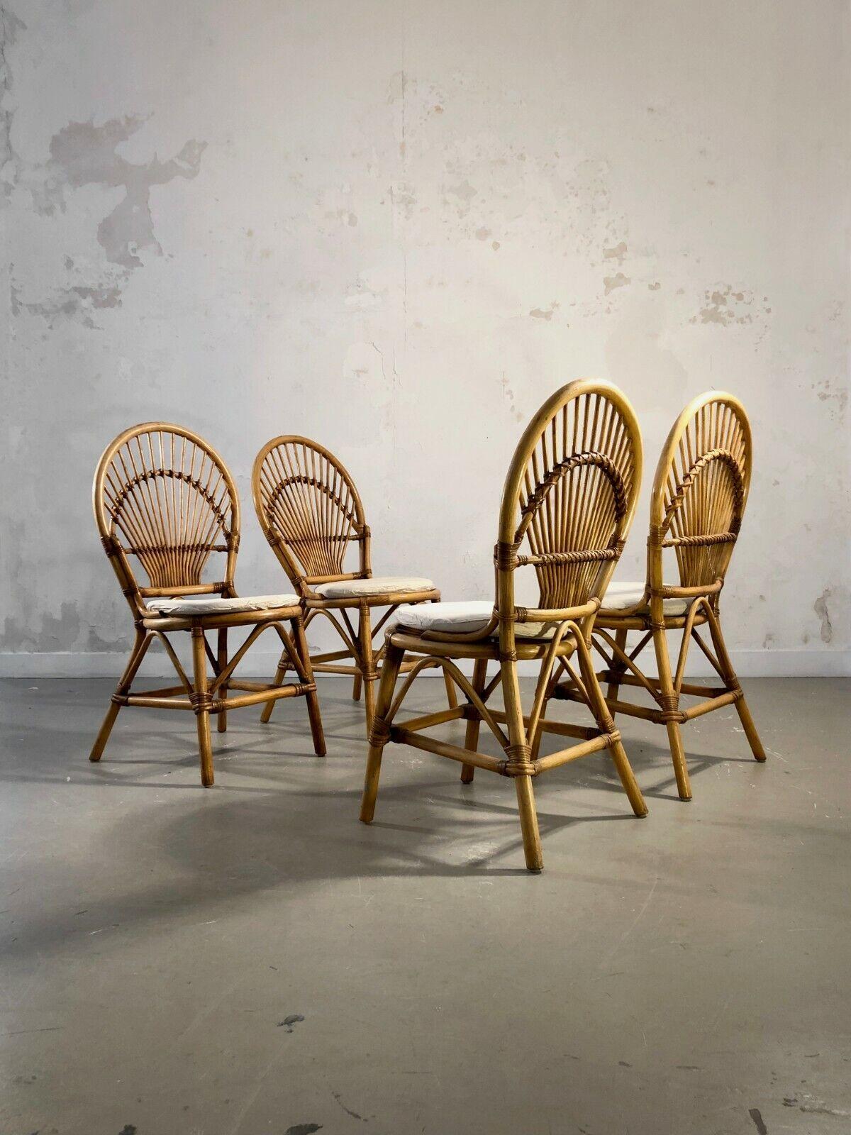 A charming set of 4 table or terrace chairs, or even a complete living room (with table and armchair extra, see below) indoor or outdoor, Art-Popular, Modernist, Shabby-Chic, all curved structures in bamboo and woven wicker, small white circular