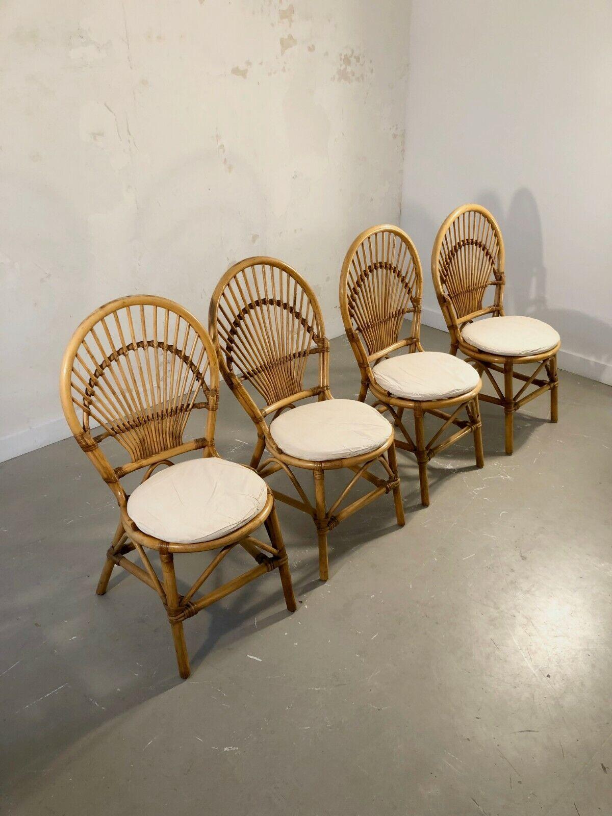 French A Set of 4 SHABBY-CHIC BAMBOO Chairs in AUDOUX-MINNET Style, France 1970 For Sale
