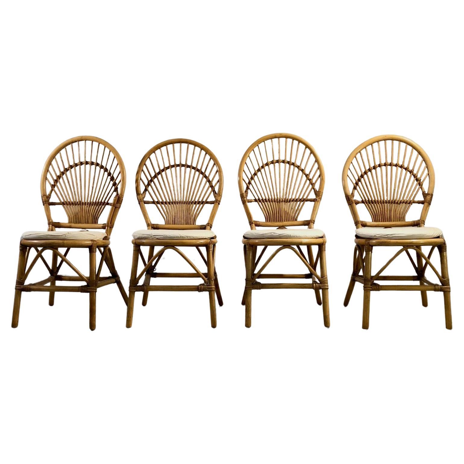A Set of 4 SHABBY-CHIC BAMBOO Chairs in AUDOUX-MINNET Style, France 1970