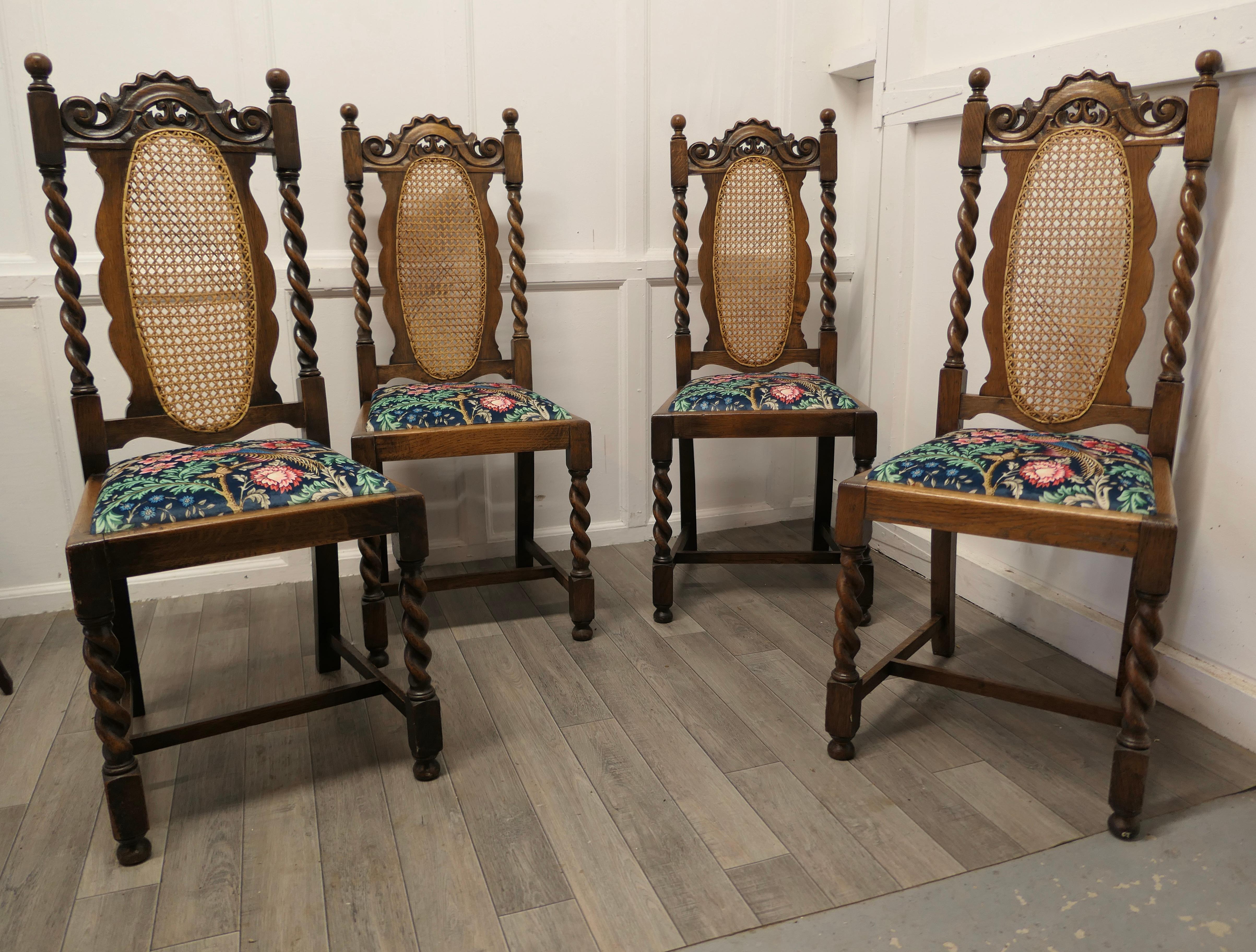 A set of 4 Victorian barley twist oak dining chairs.


This is a lovely set of high back dining chairs, the barley twist columns on the back of the chairs match the turning of the front legs. The chairs, have drop in seats which have been