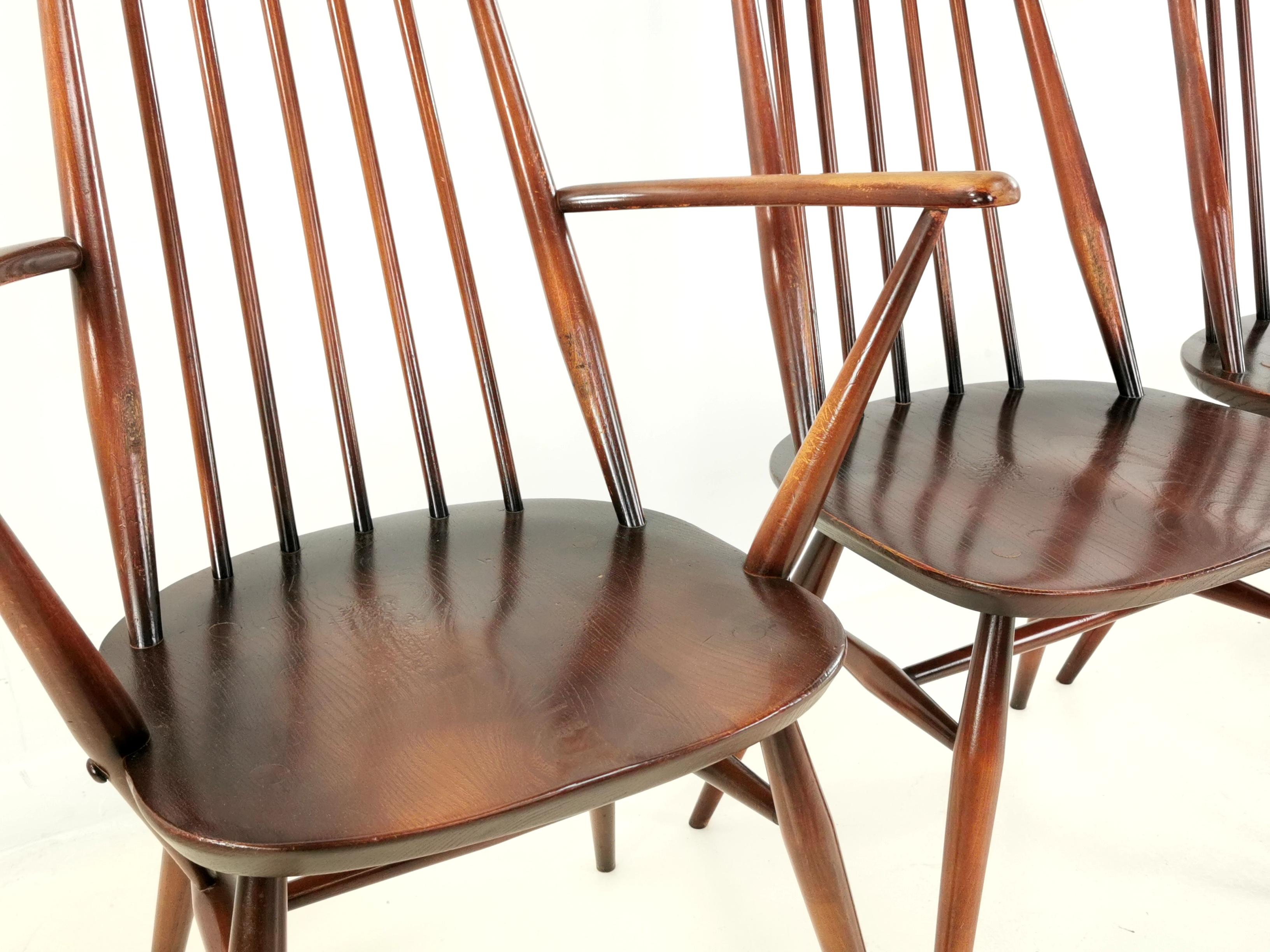 Mid-Century Modern Set of 4 Vintage Ercol Elm and Beech Goldsmith Dining Chairs Midcentury