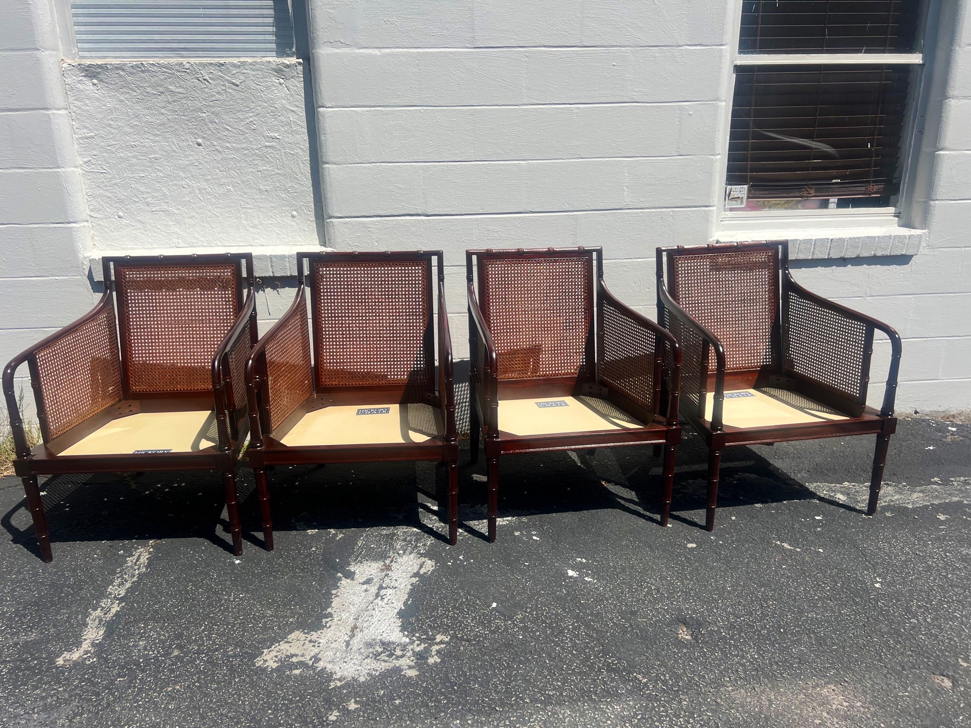 Anglo-Indian Set of 4 Vintage Faux Bamboo Mahogany and Cane Armchairs For Sale