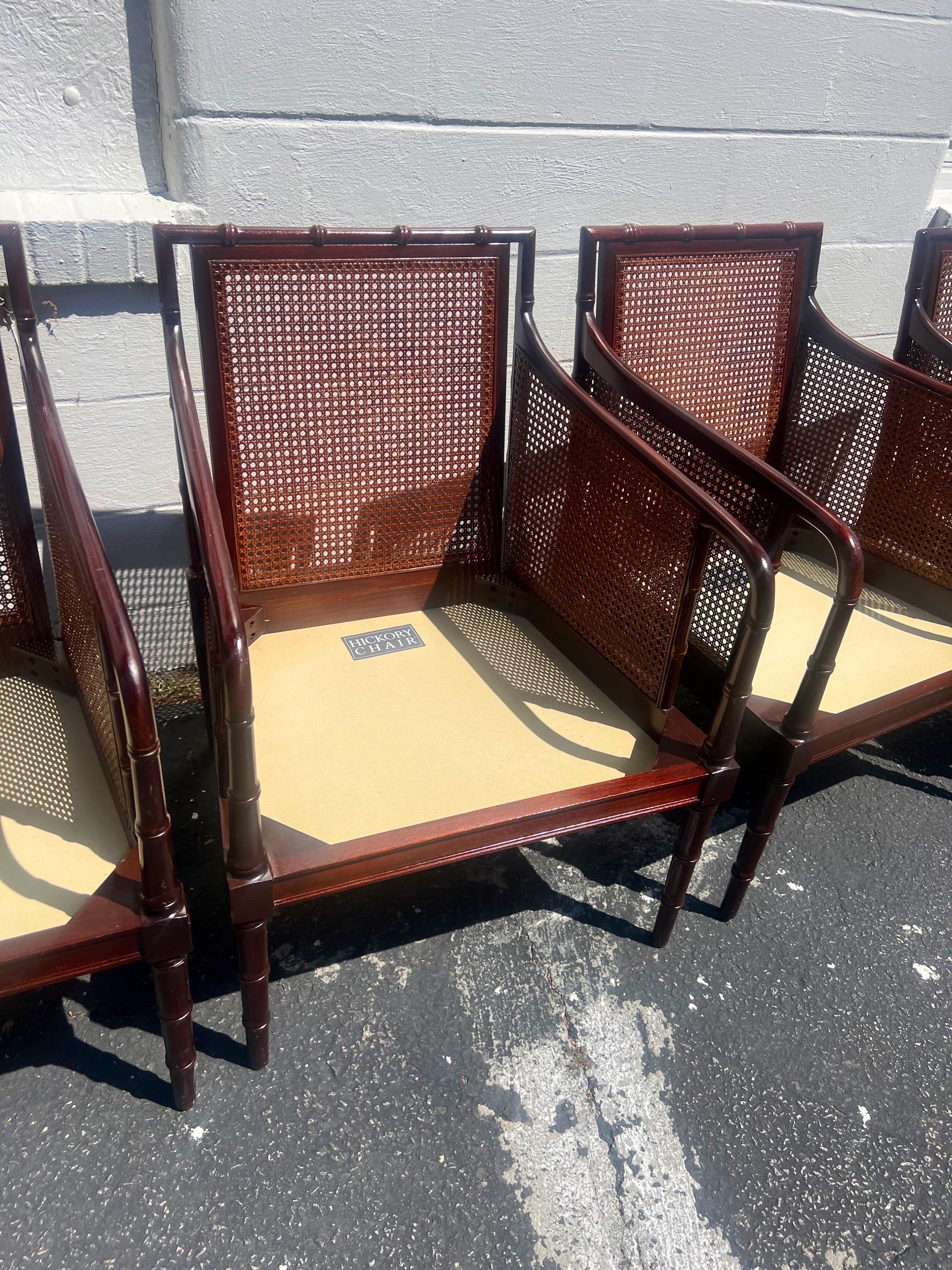 Set of 4 Vintage Faux Bamboo Mahogany and Cane Armchairs In Good Condition For Sale In Charleston, SC
