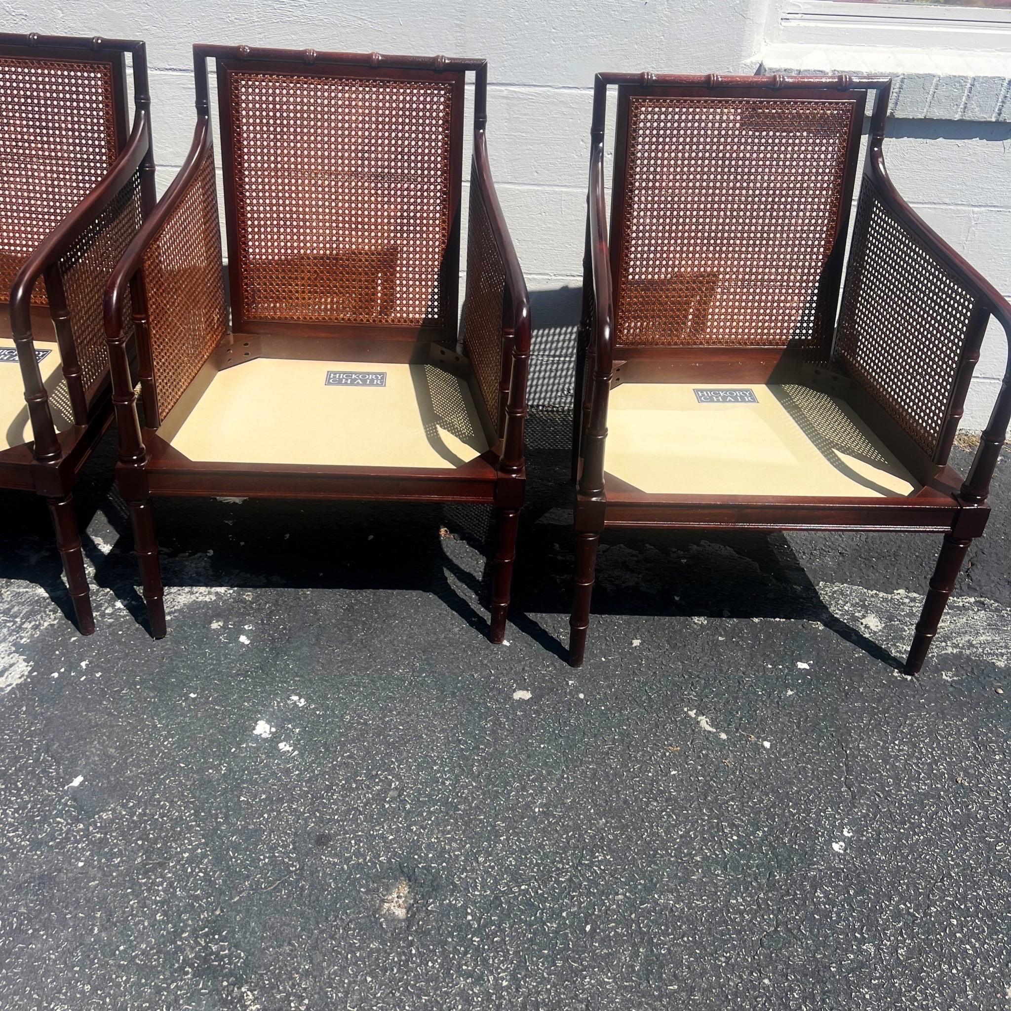 Late 20th Century Set of 4 Vintage Faux Bamboo Mahogany and Cane Armchairs For Sale