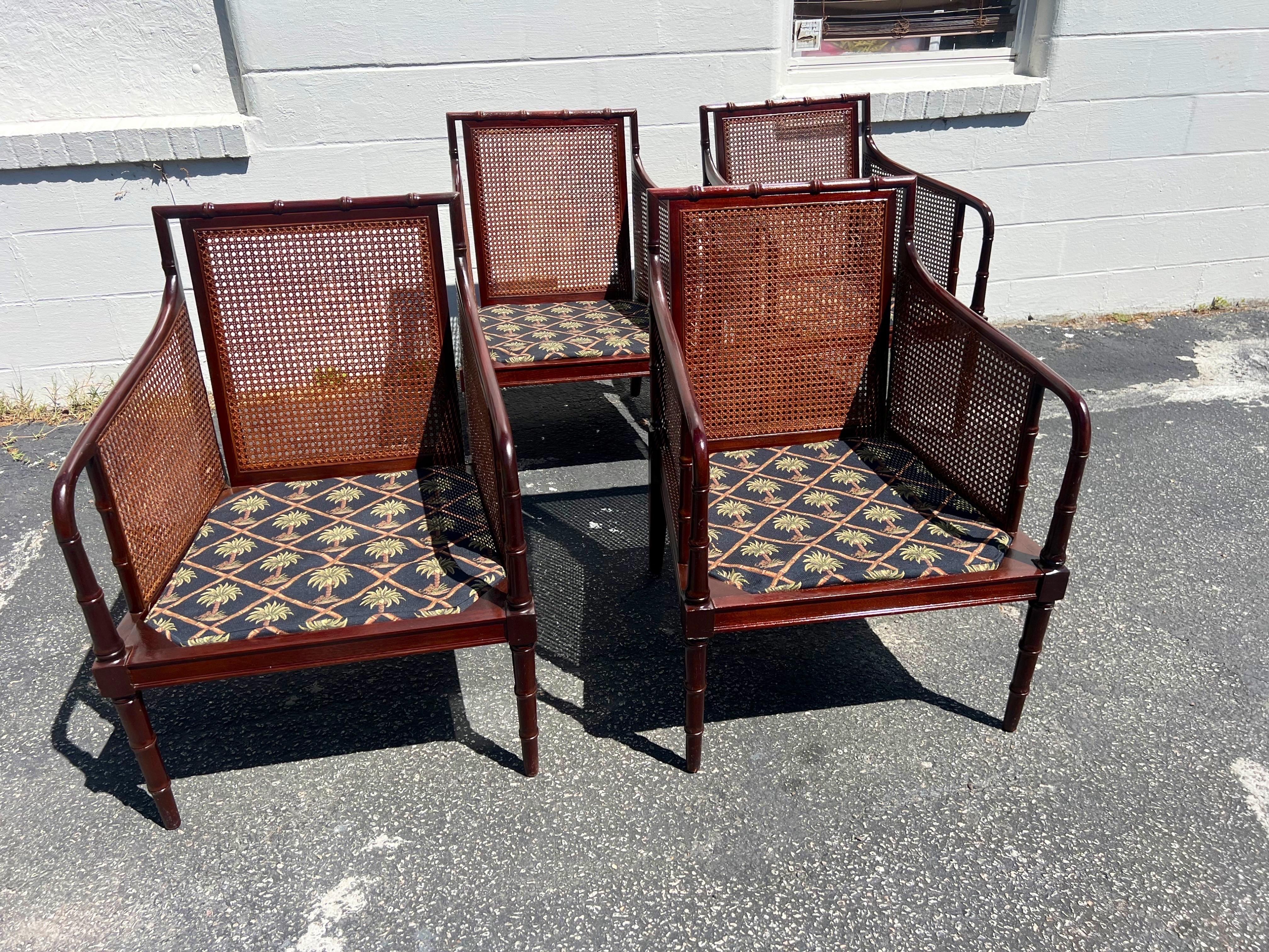 Set of 4 Vintage Faux Bamboo Mahogany and Cane Armchairs For Sale 2