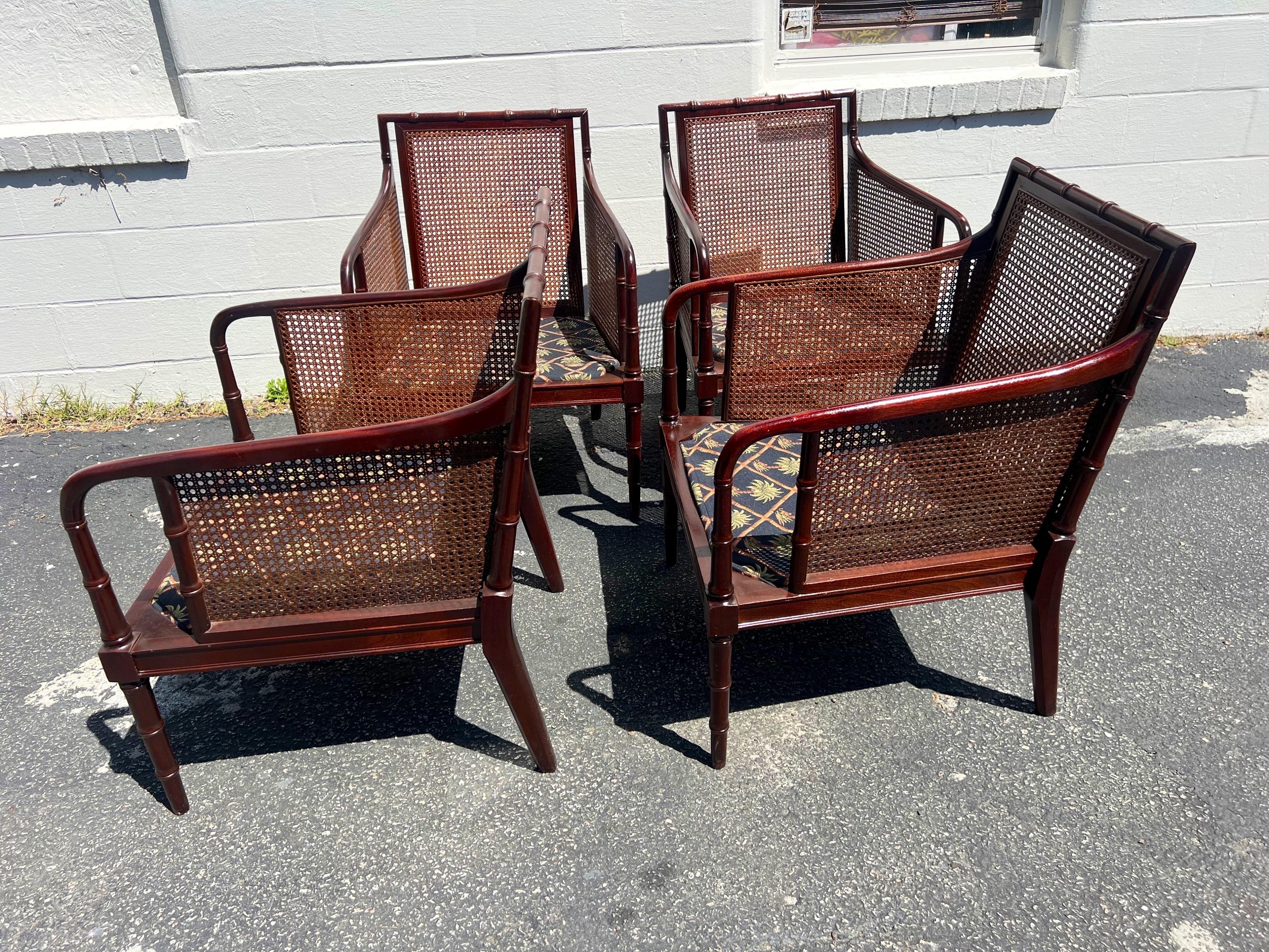 Set of 4 Vintage Faux Bamboo Mahogany and Cane Armchairs For Sale 3