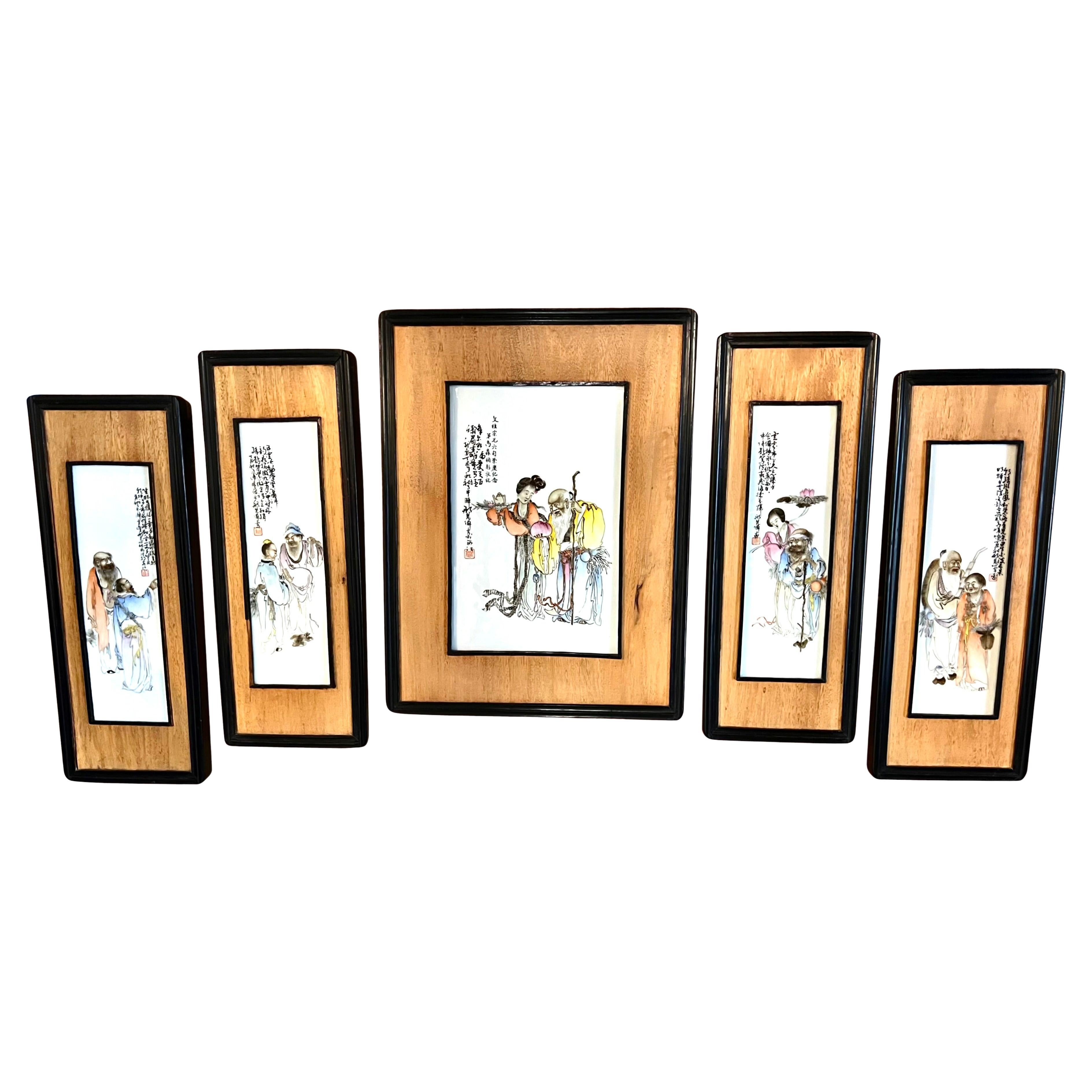 A Set of 5 Framed Chinese Paintings on Porcelain of Traditionally Garbed Figures