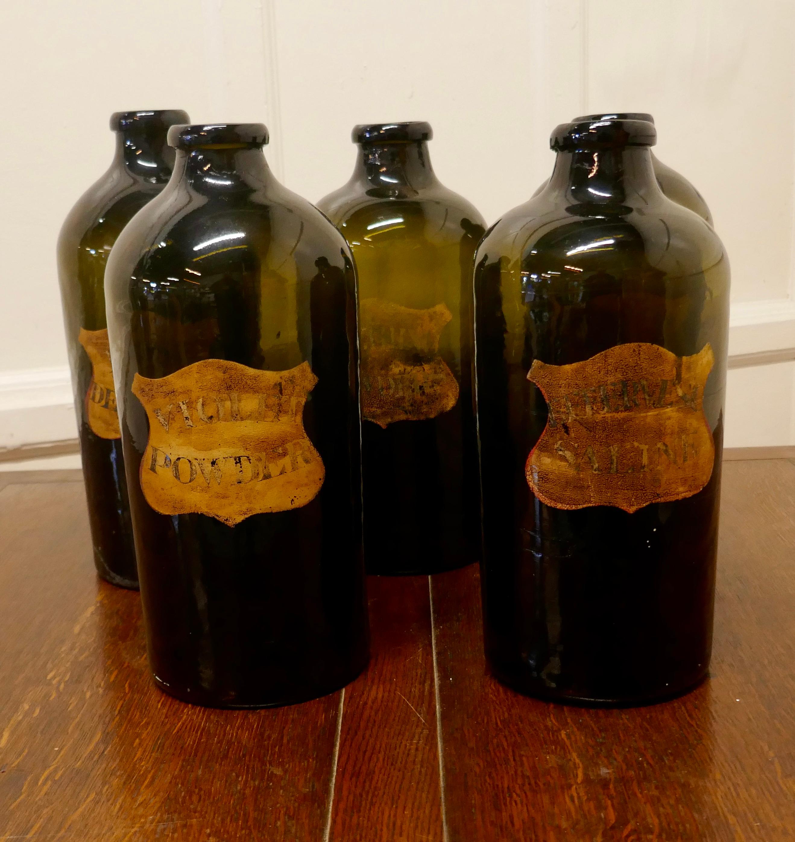 Set of 5 Large Moss Green Glass Chemist or Pharmacy Jars  For Sale 1
