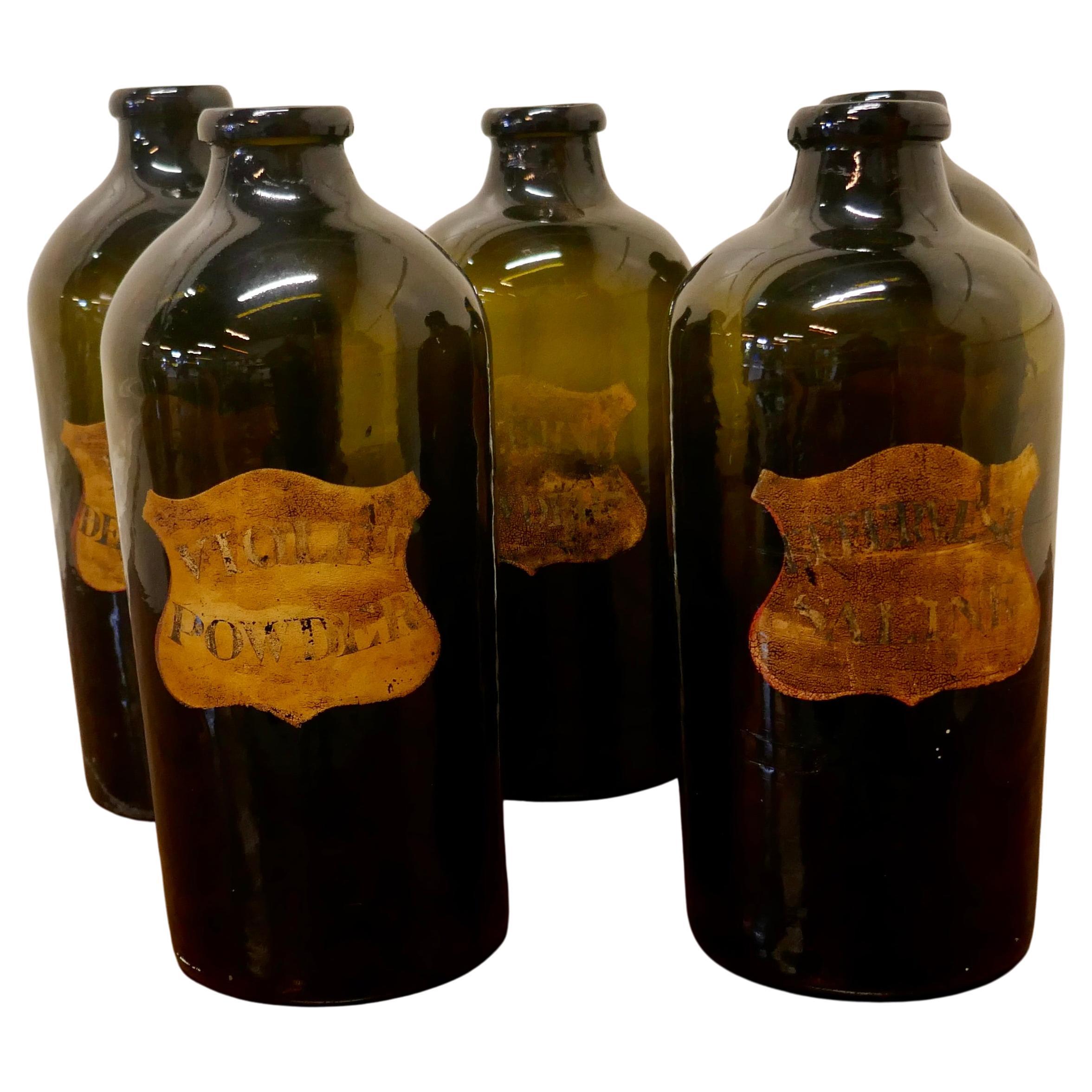 Set of 5 Large Moss Green Glass Chemist or Pharmacy Jars  For Sale