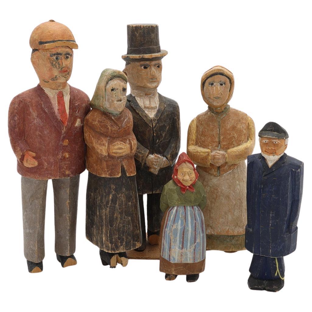 Holzschnitzerei-Skulpturen, 6er-Set, antike, dekorative Figur einer Familie