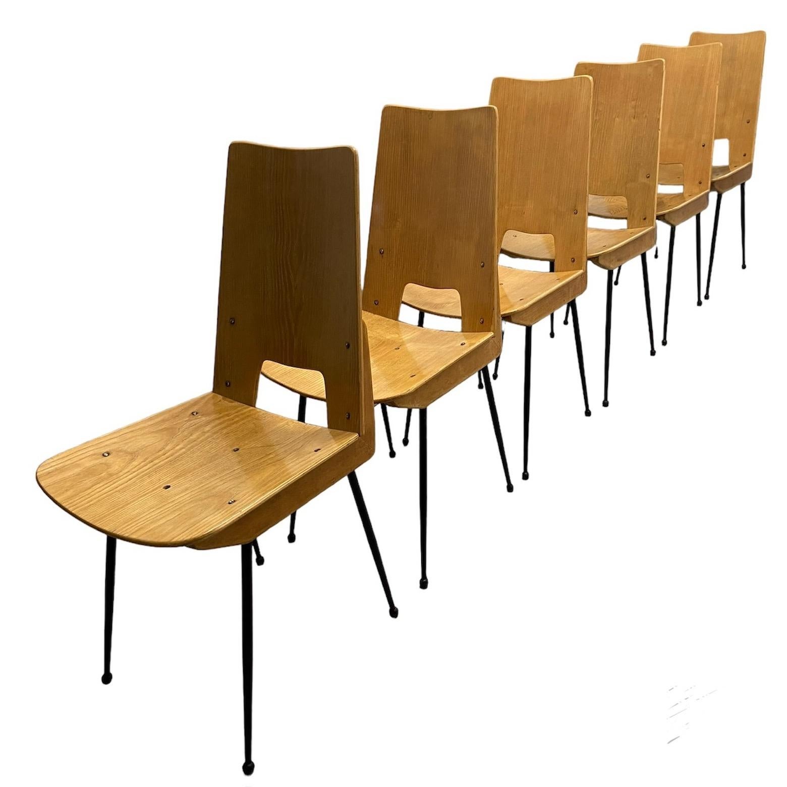 a set of 6 original blond wood dining chairs by Carlo Ratti, Italian, 1950's.

Please note that we often have a much shorter handling time than advertised. 
