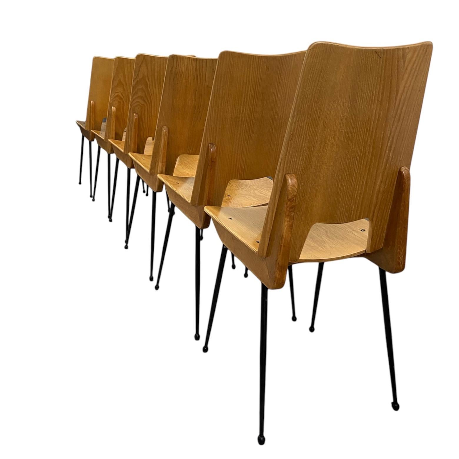 Mid-Century Modern a set of 6 blond wood dining chairs by Carlo Ratti, Italian, 1950's For Sale