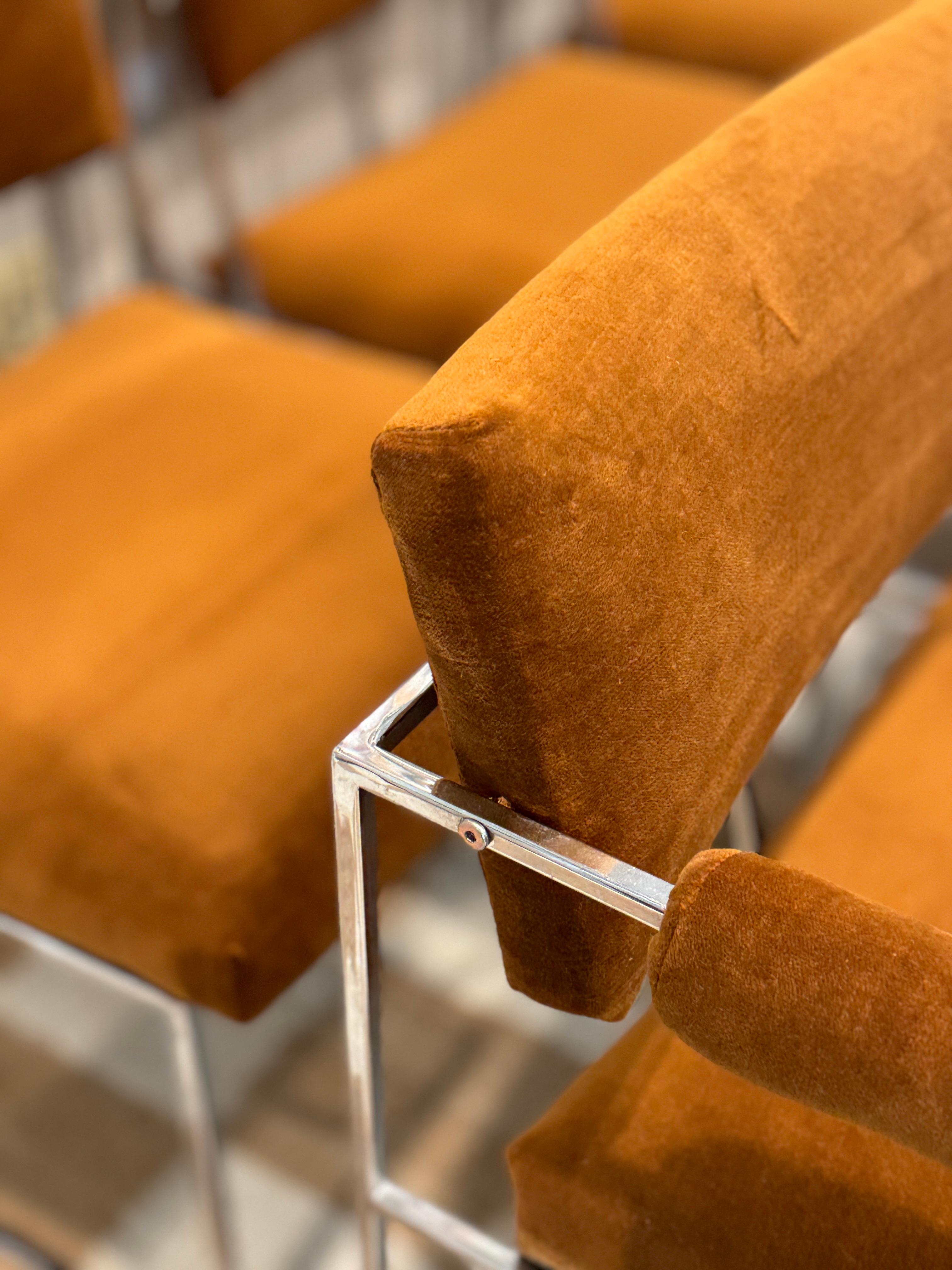 A set of 6 chrome and velvet “Thin Line” dining chairs designed by Milo Baughman 3