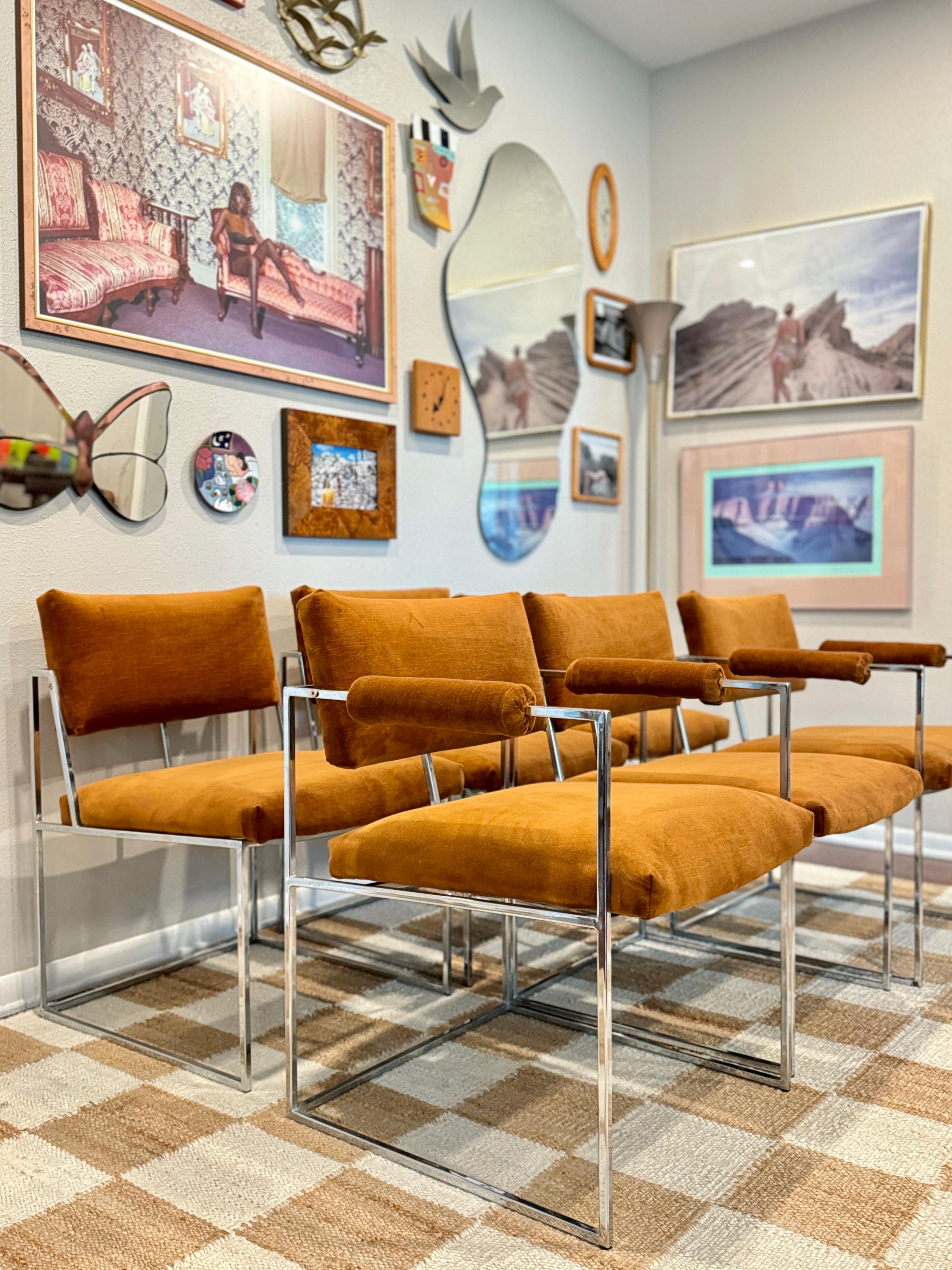 A set of 6 chrome and velvet “Thin Line” dining chairs designed by Milo Baughman 4