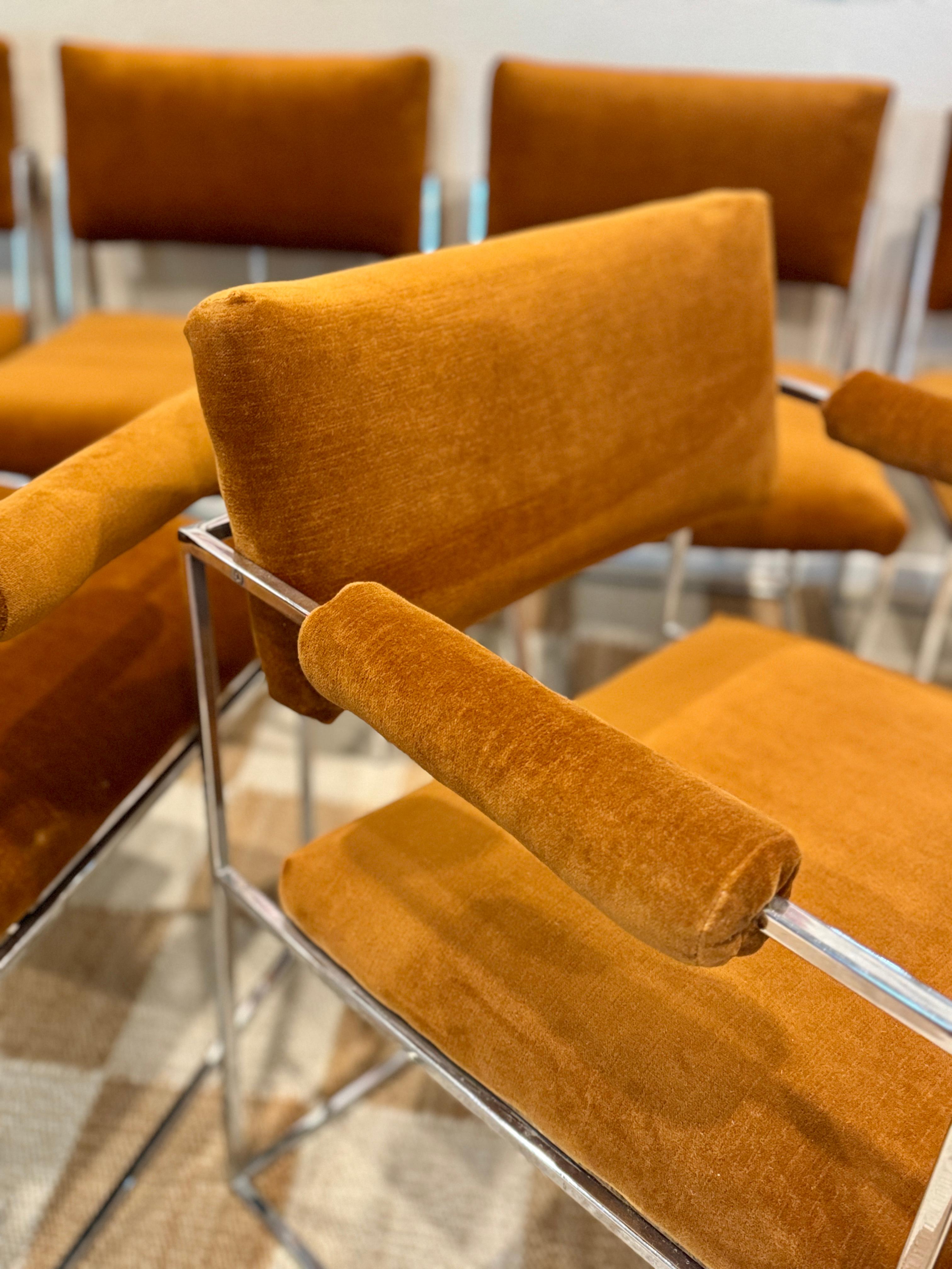 A set of 6 chrome and velvet “Thin Line” dining chairs designed by Milo Baughman 6