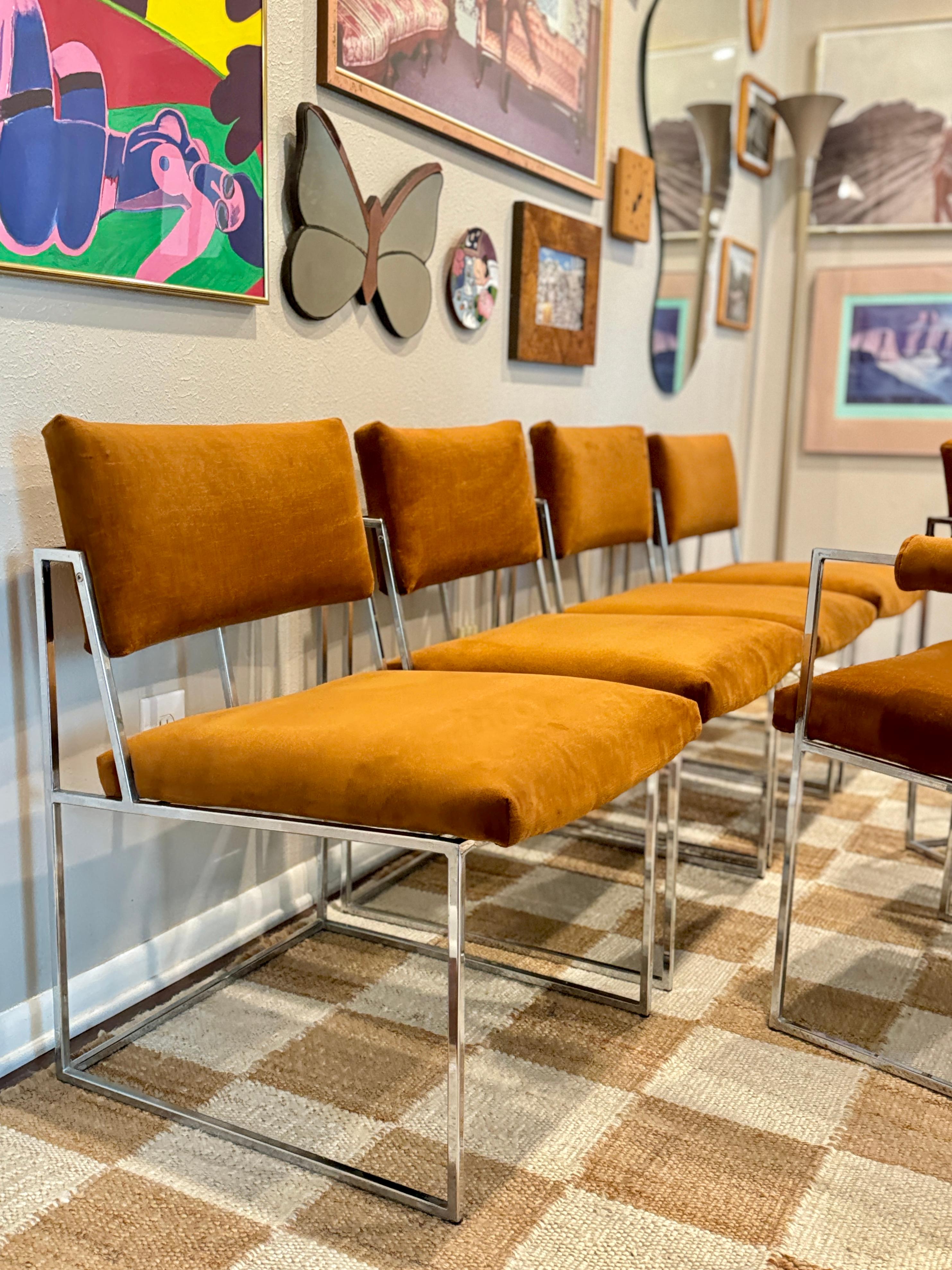 A set of 6 chrome and velvet “Thin Line” dining chairs designed by Milo Baughman 7
