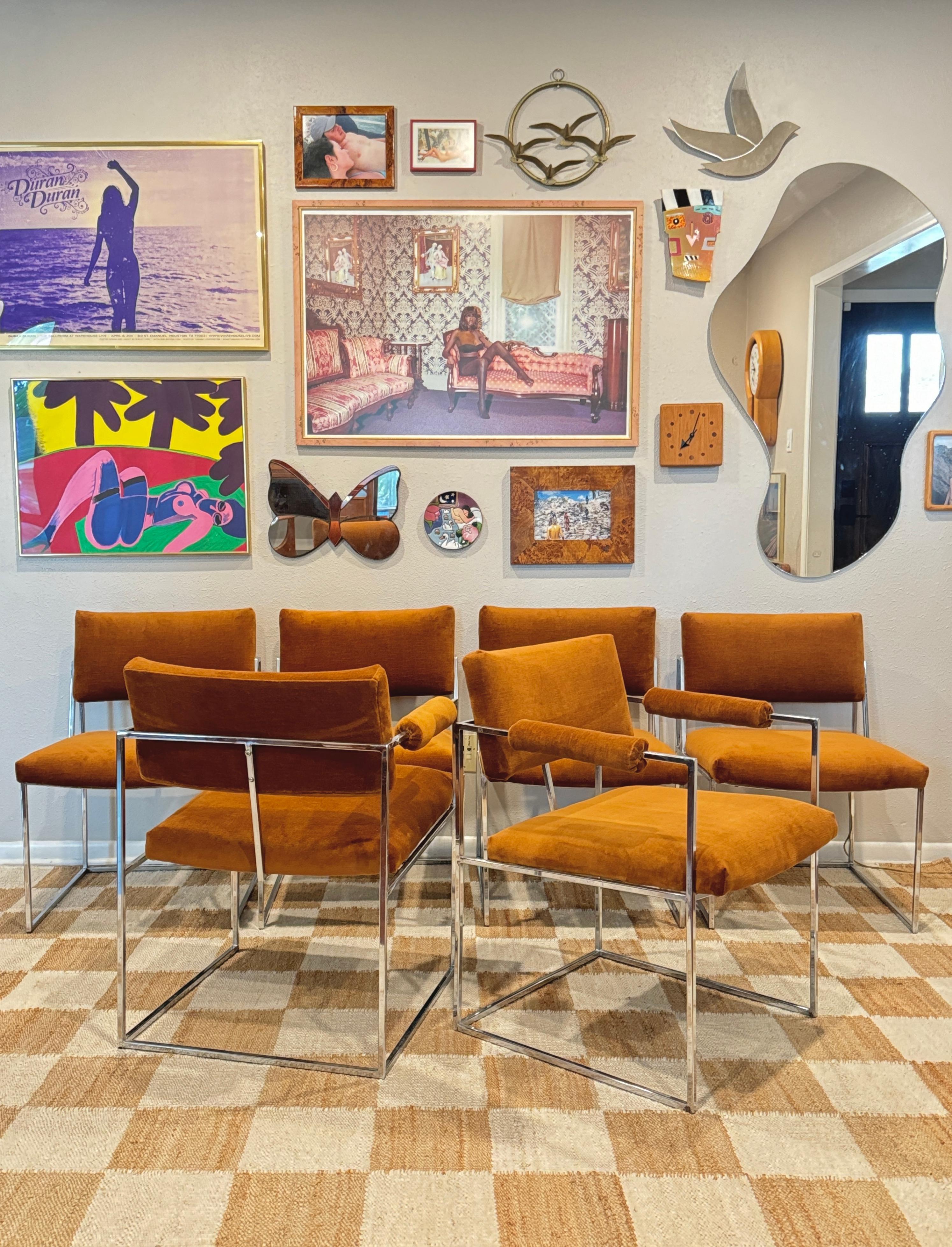 A set of 6 chrome and velvet “Thin Line” dining chairs designed by Milo Baughman 8