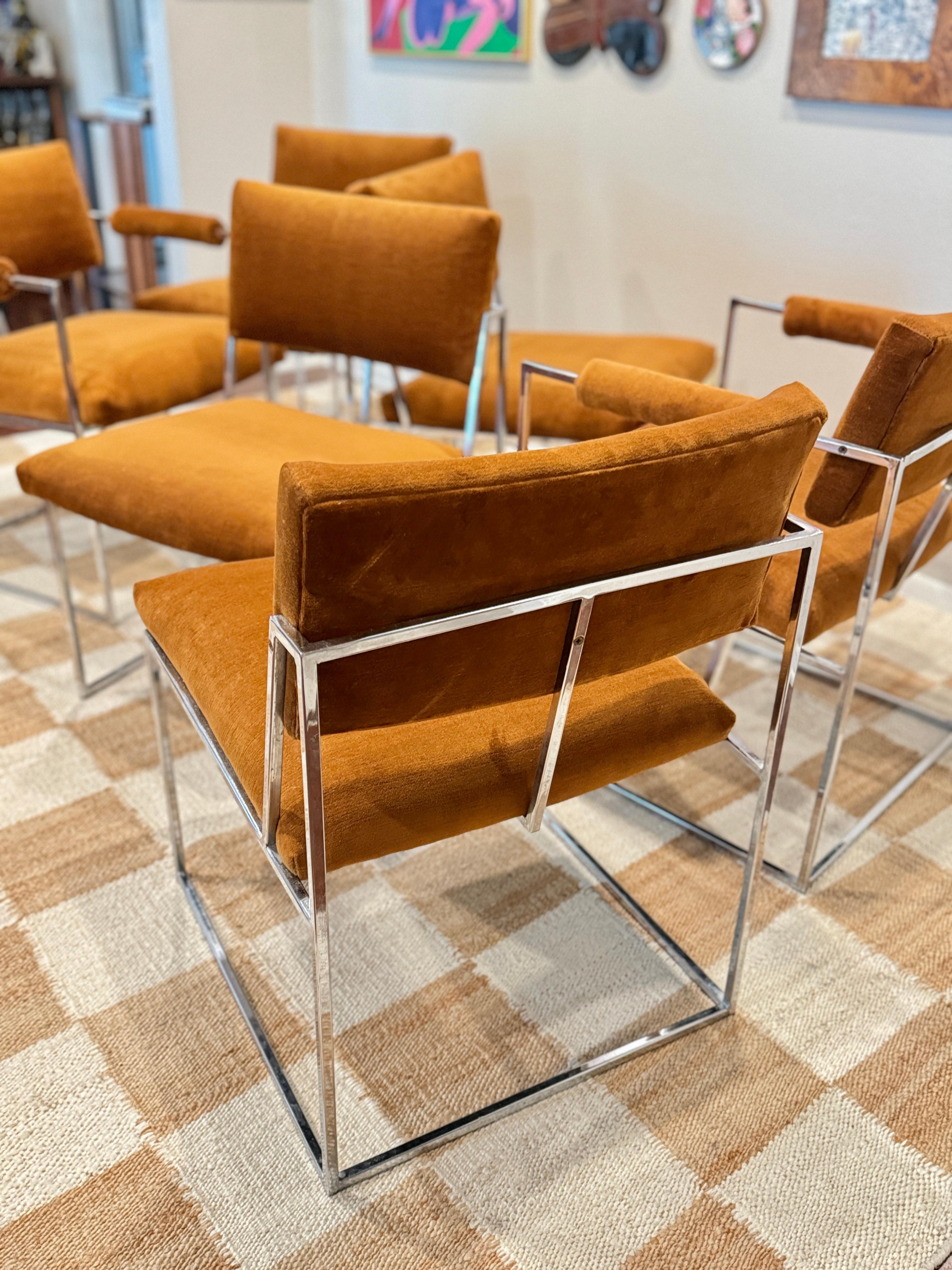 A set of 6 chrome and velvet “Thin Line” dining chairs designed by Milo Baughman 9