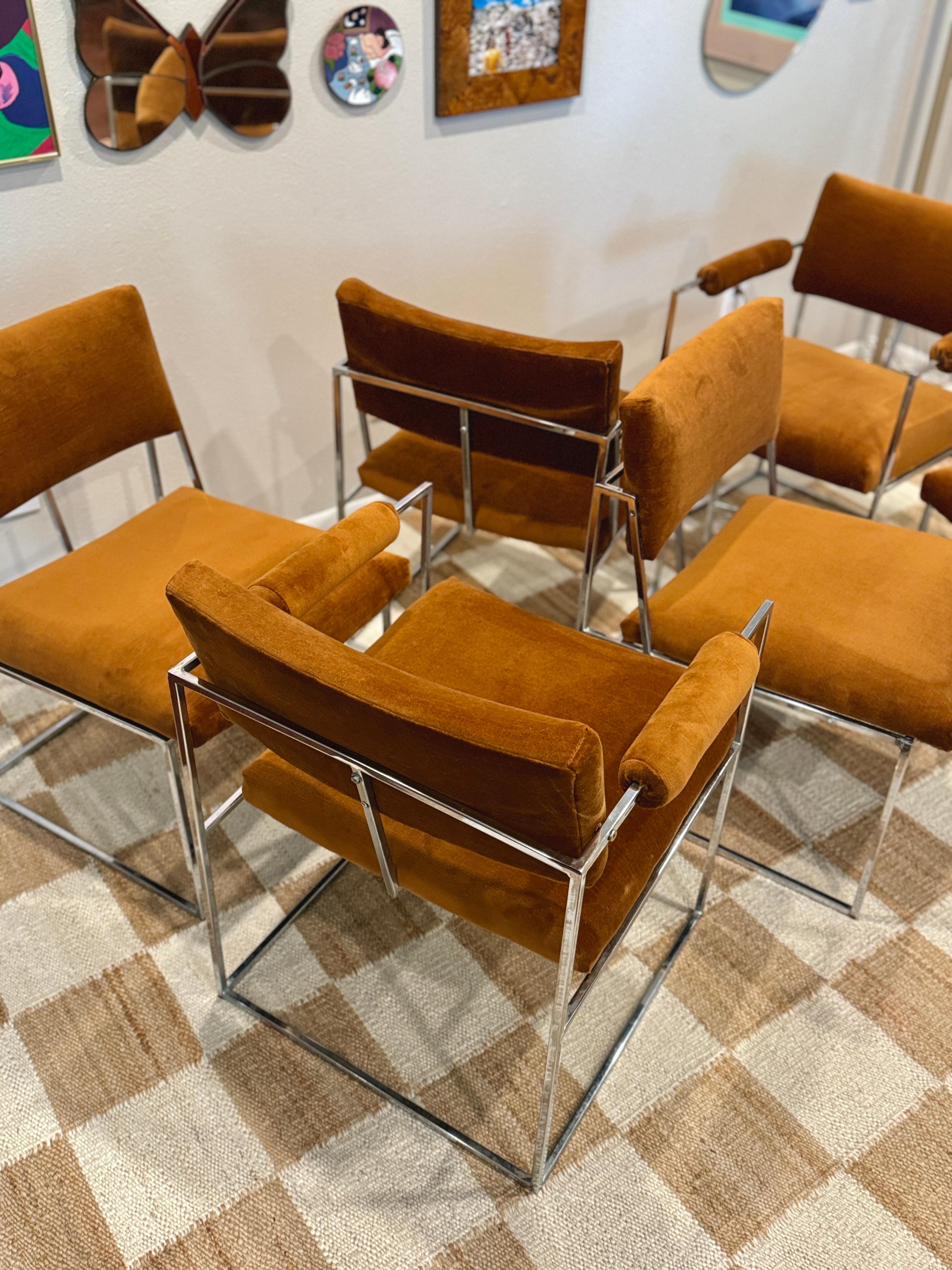 A set of 6 chrome and velvet “Thin Line” dining chairs designed by Milo Baughman 10