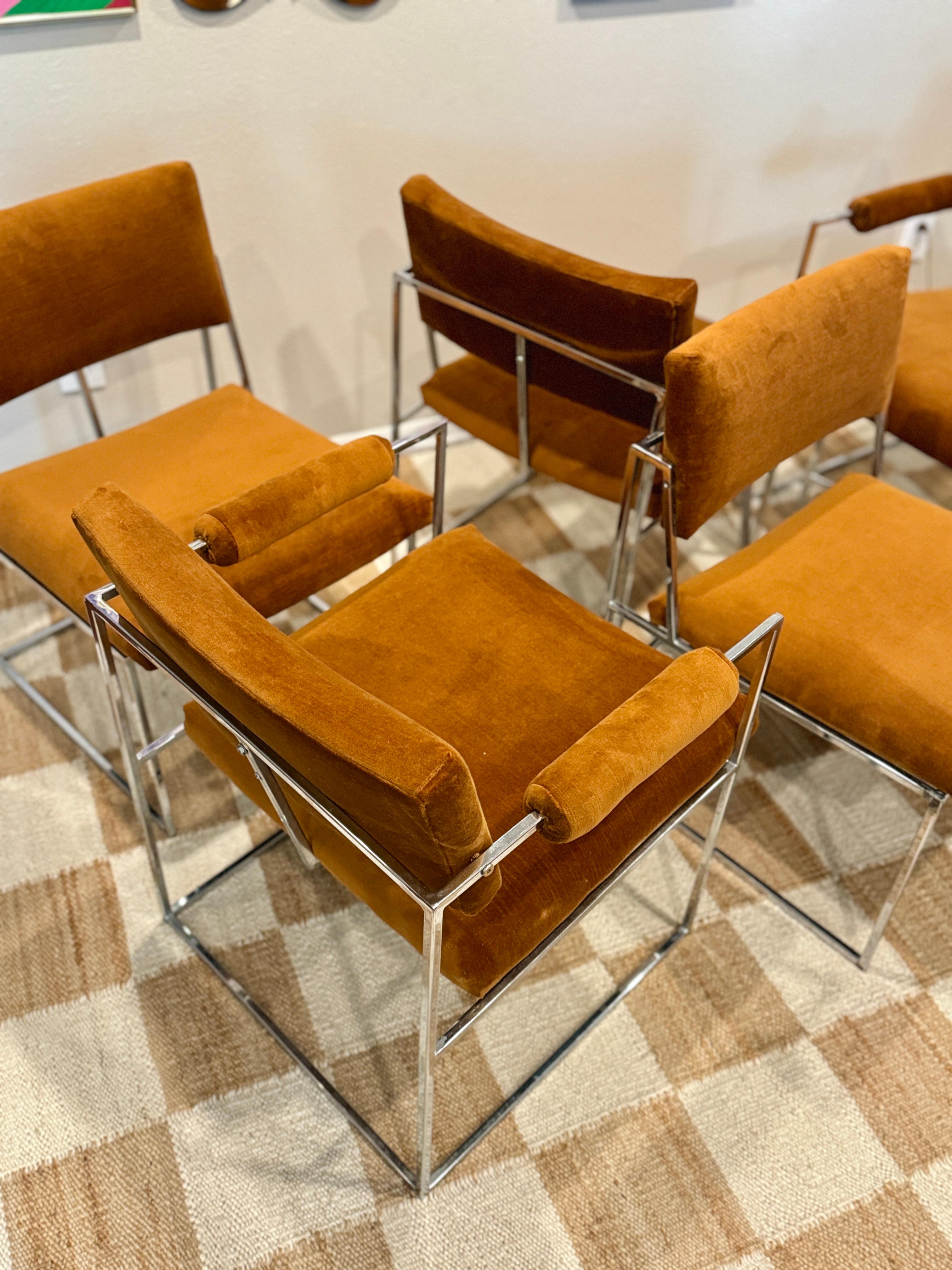 A set of 6 chrome and velvet “Thin Line” dining chairs designed by Milo Baughman 12