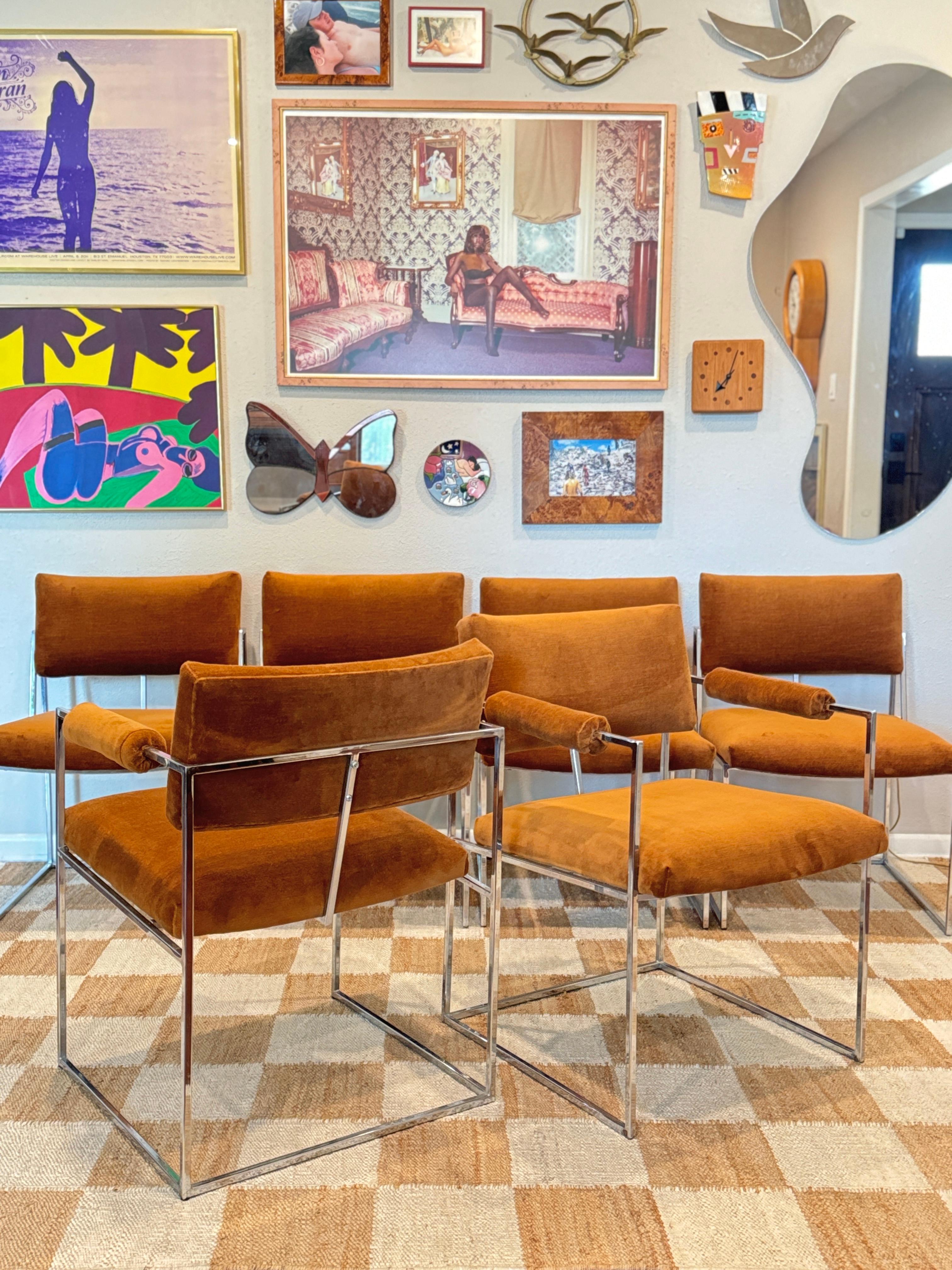 A set of 6 iconic chrome and velvet “Thin Line” dining chairs designed by Milo Baughman for Thayer Coggin, circa 1970s. Newly reupholstered in a saddle brown velvet. 

“The 1188 chair by Milo Baughman is touted as being his favorite chairs. He even