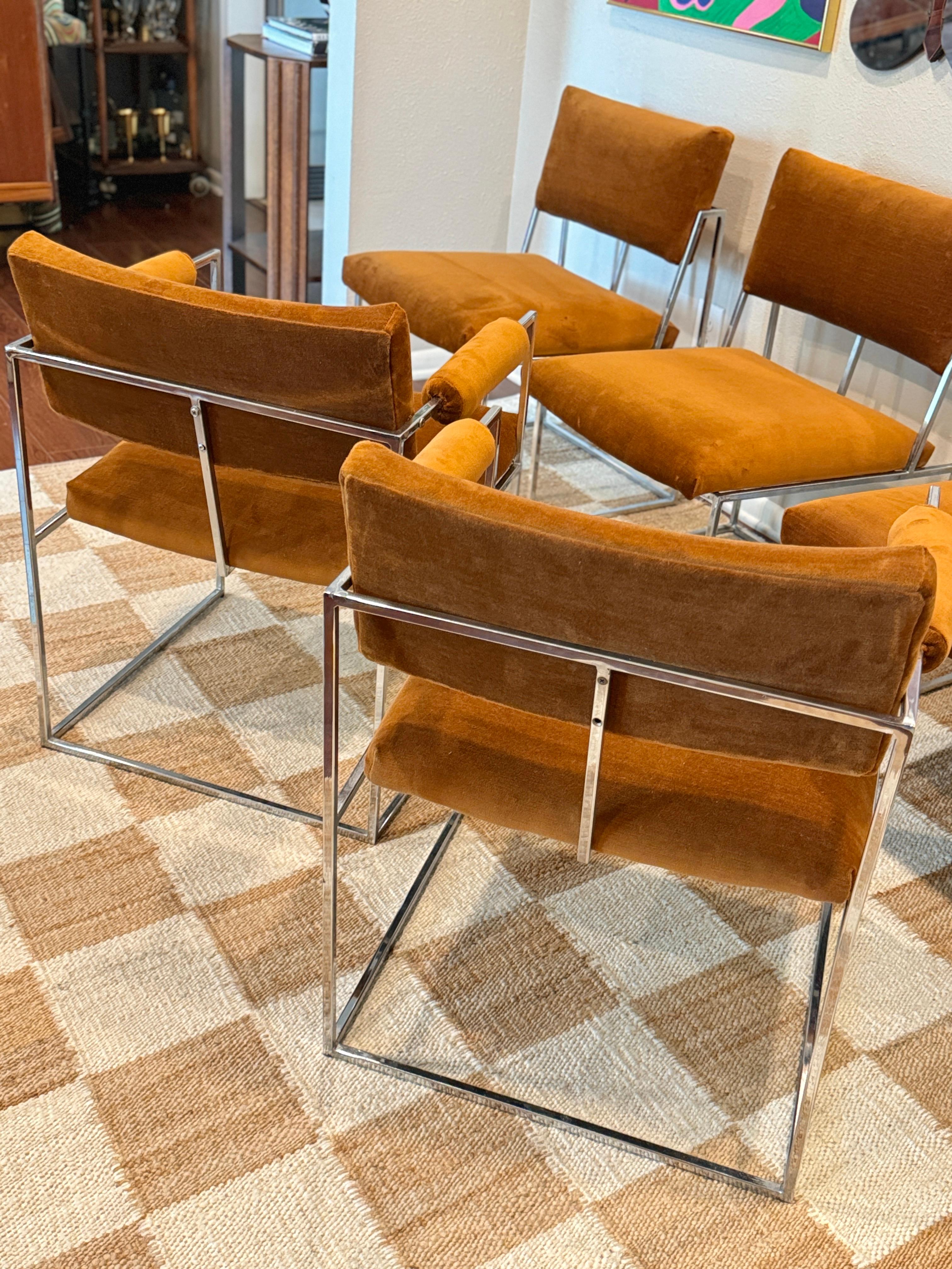 Mid-Century Modern A set of 6 chrome and velvet “Thin Line” dining chairs designed by Milo Baughman
