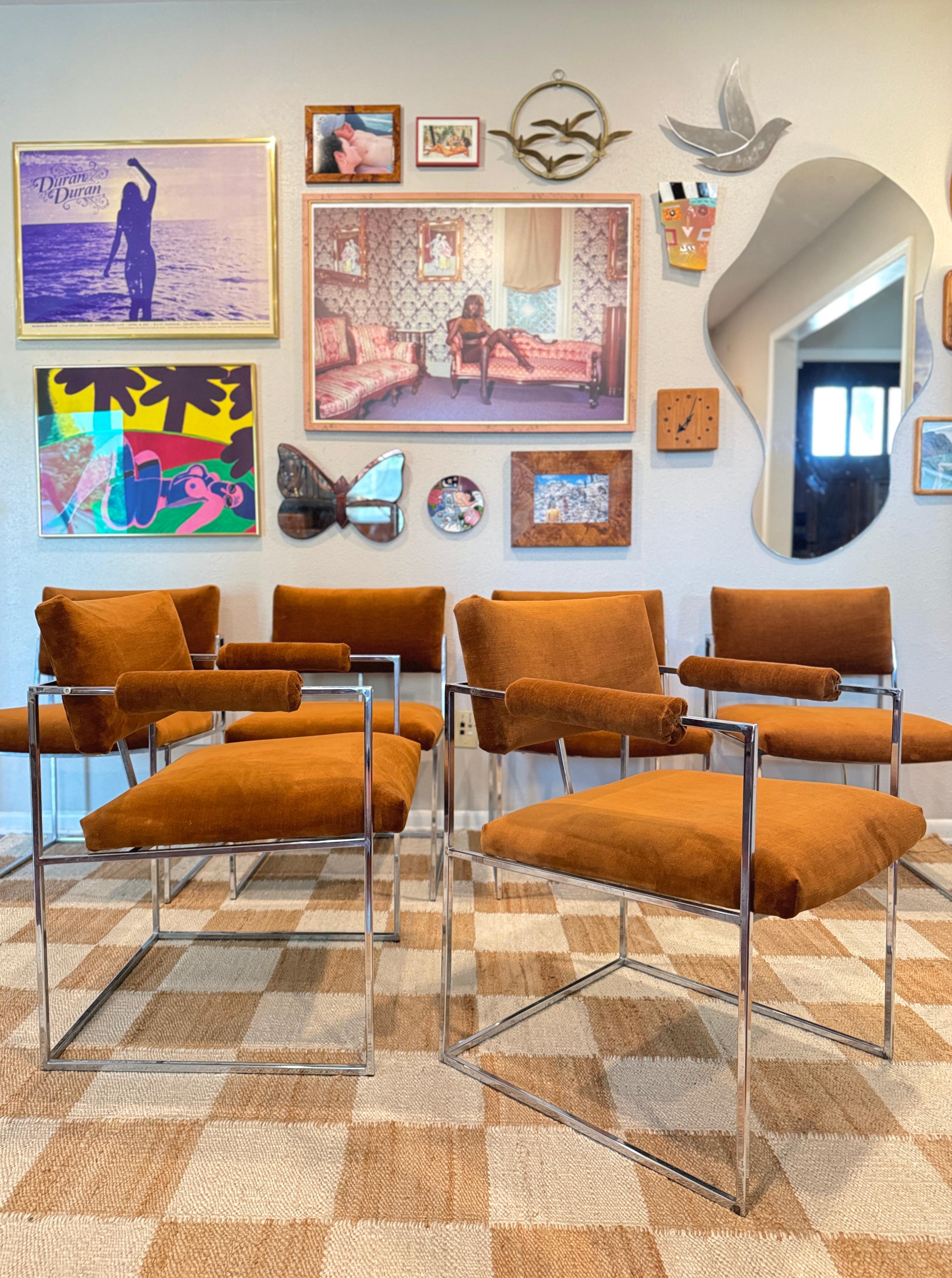 Late 20th Century A set of 6 chrome and velvet “Thin Line” dining chairs designed by Milo Baughman