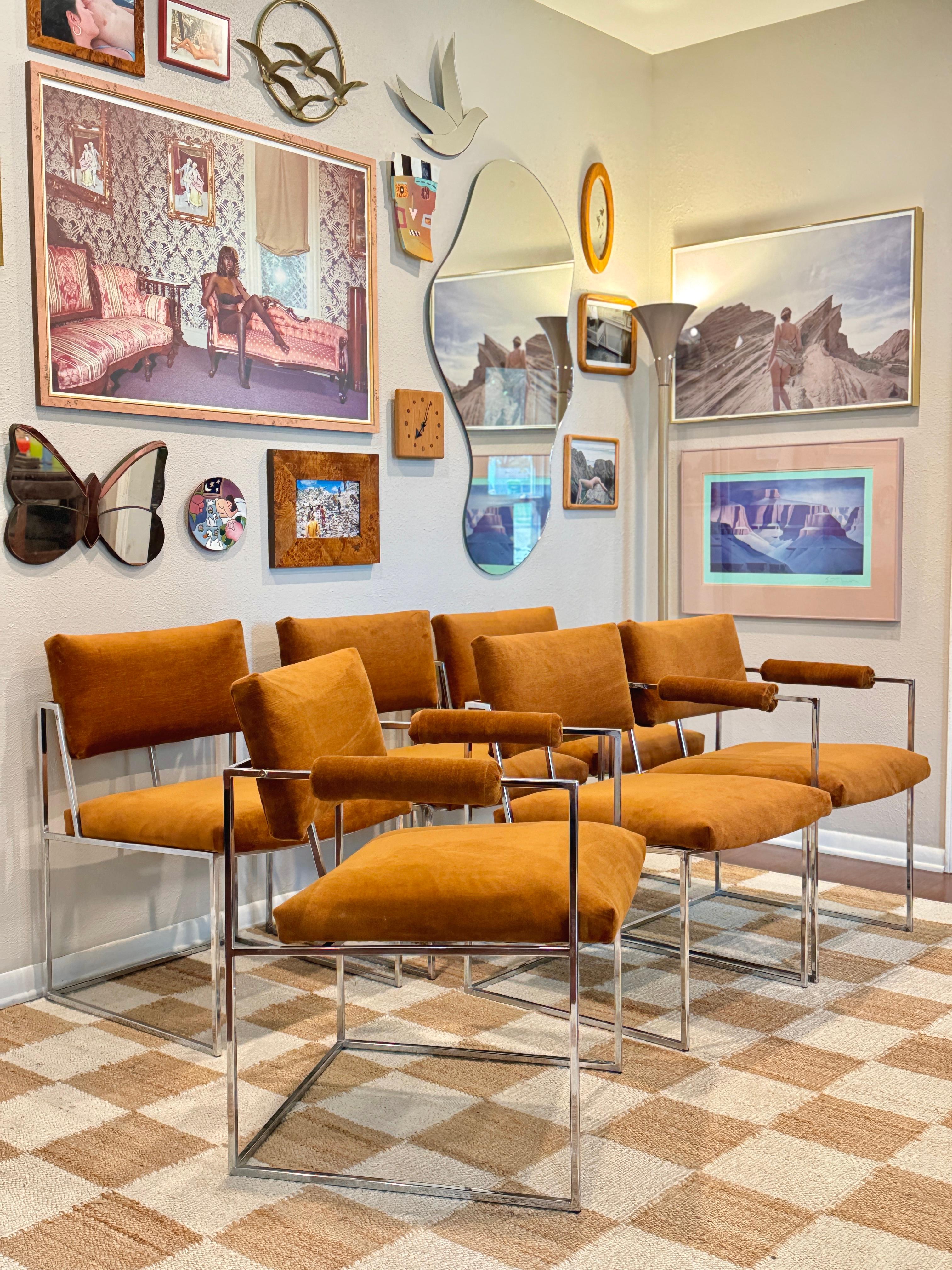 Velvet A set of 6 chrome and velvet “Thin Line” dining chairs designed by Milo Baughman