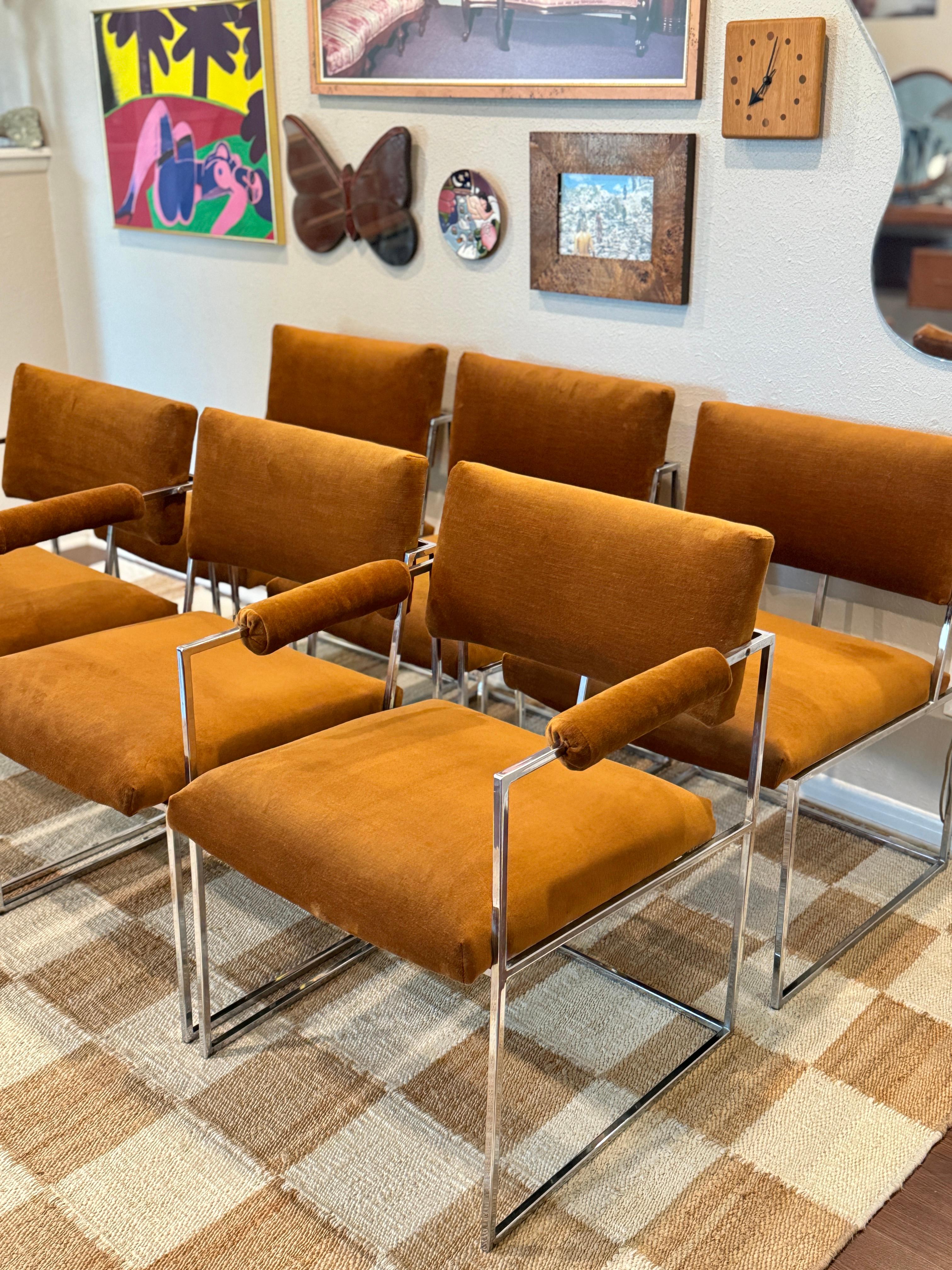 A set of 6 chrome and velvet “Thin Line” dining chairs designed by Milo Baughman 1