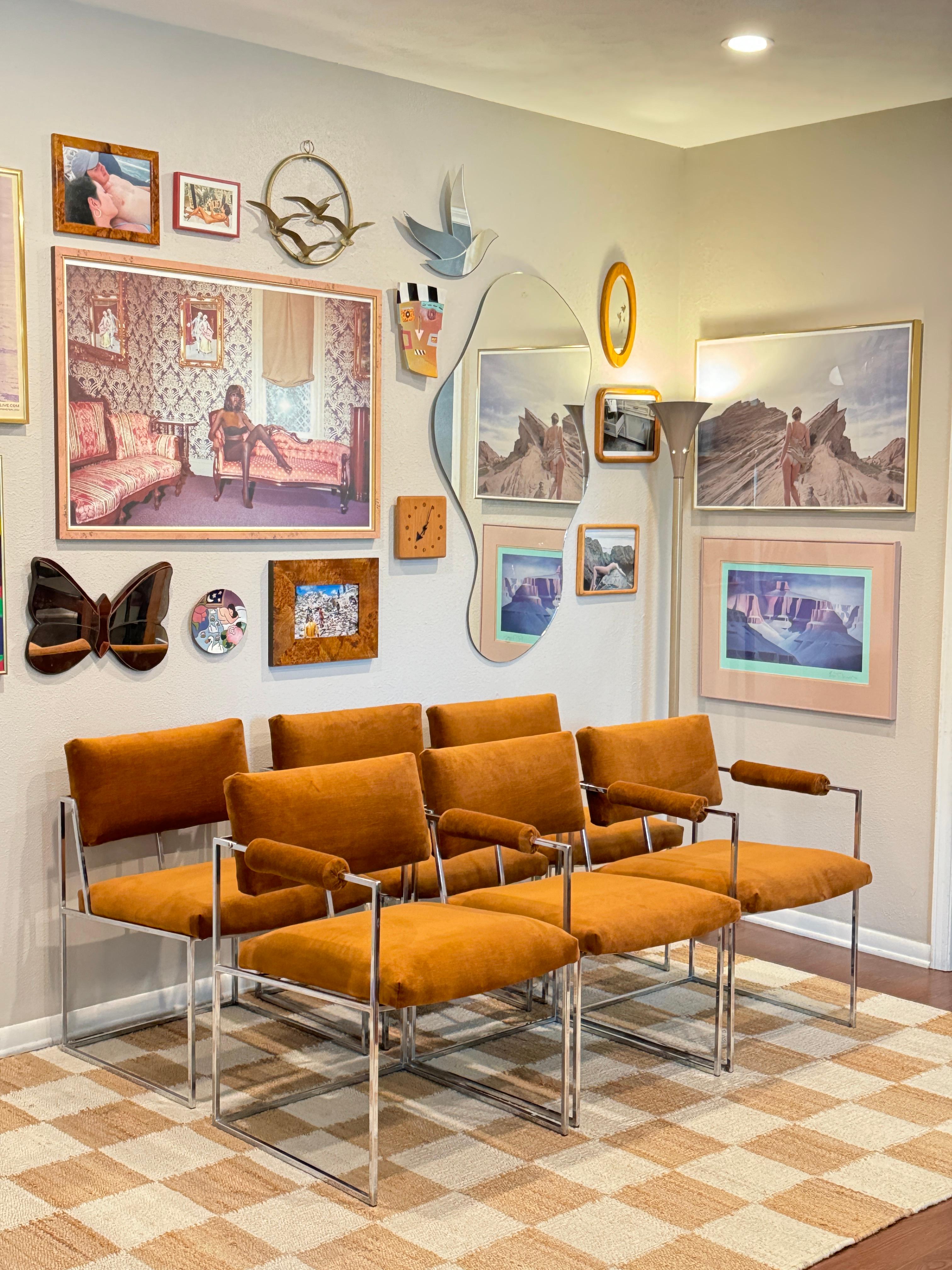 A set of 6 chrome and velvet “Thin Line” dining chairs designed by Milo Baughman 2