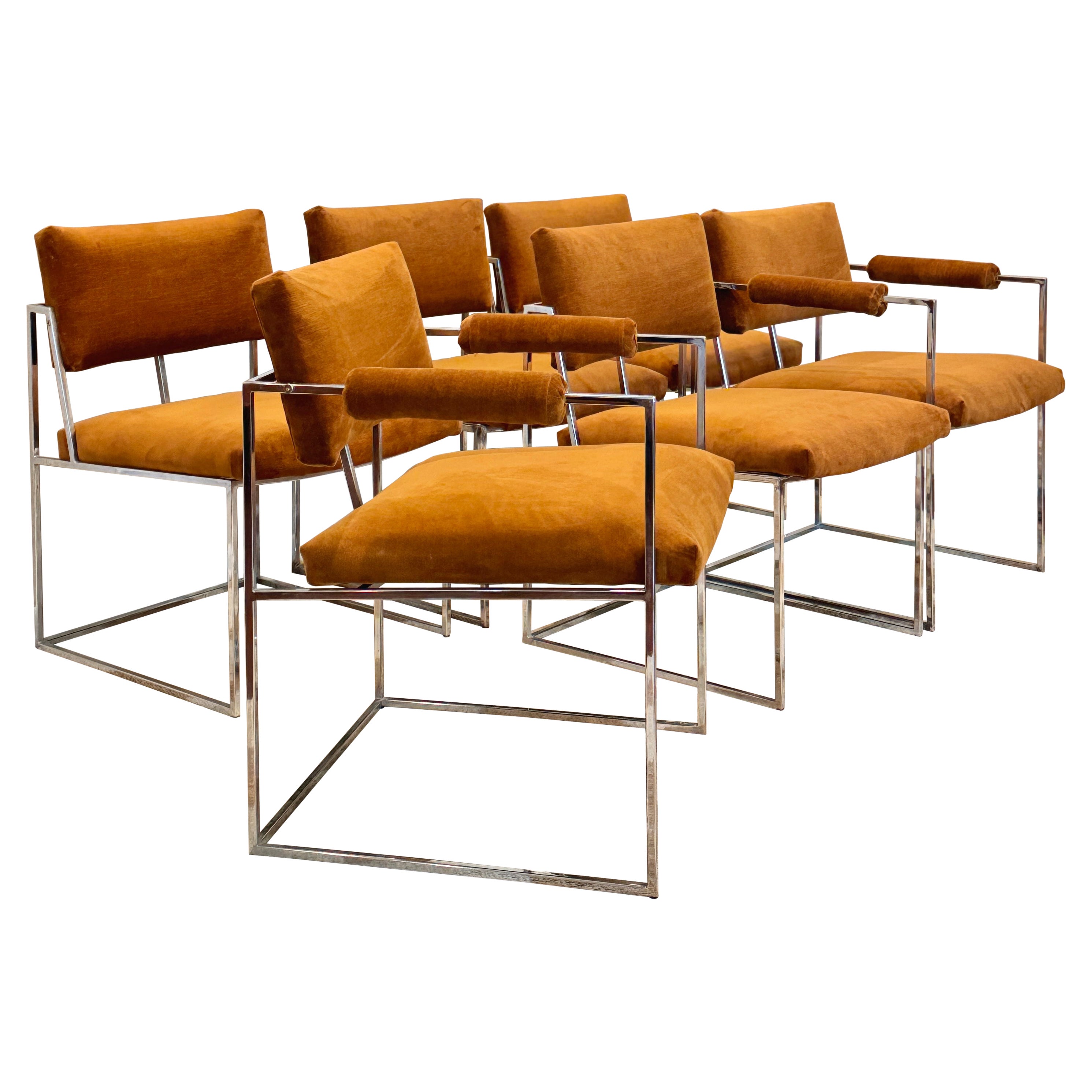 A set of 6 chrome and velvet “Thin Line” dining chairs designed by Milo Baughman