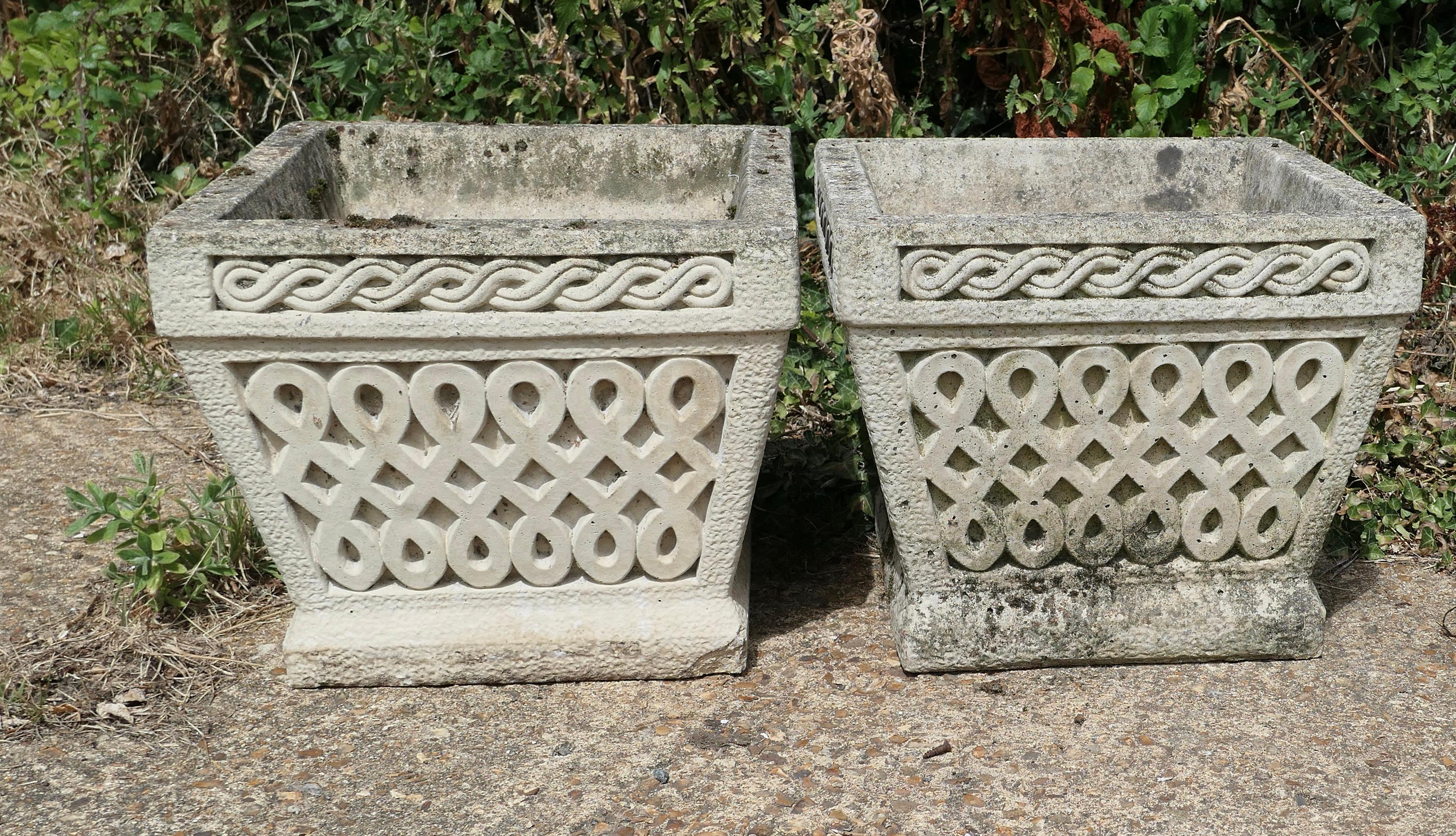 Cast Stone Set of 6 Classical Basket Weave Garden Planters For Sale