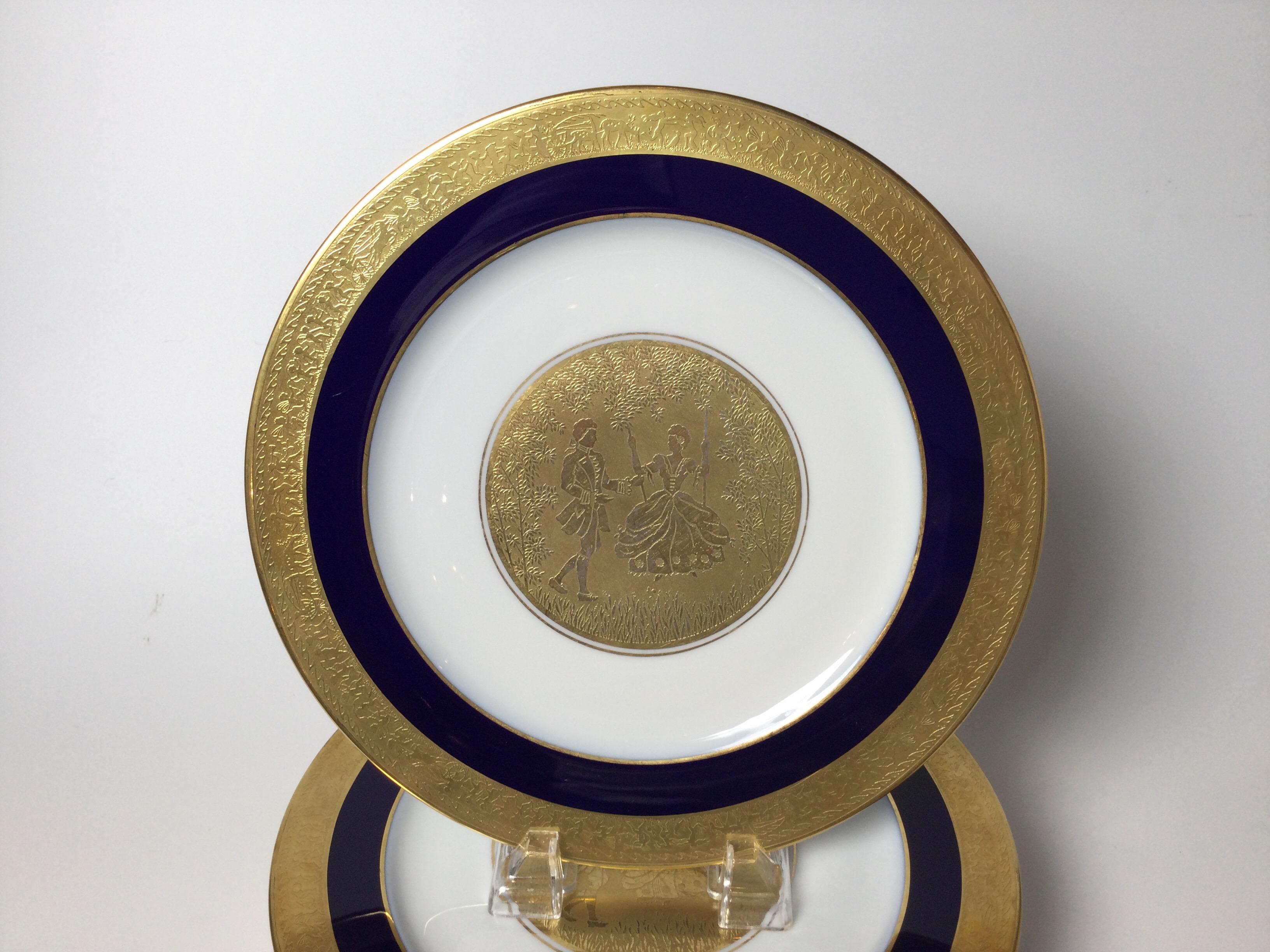Gilt Set of 6 Cobalt Blue and Gold Encrusted Service Plates