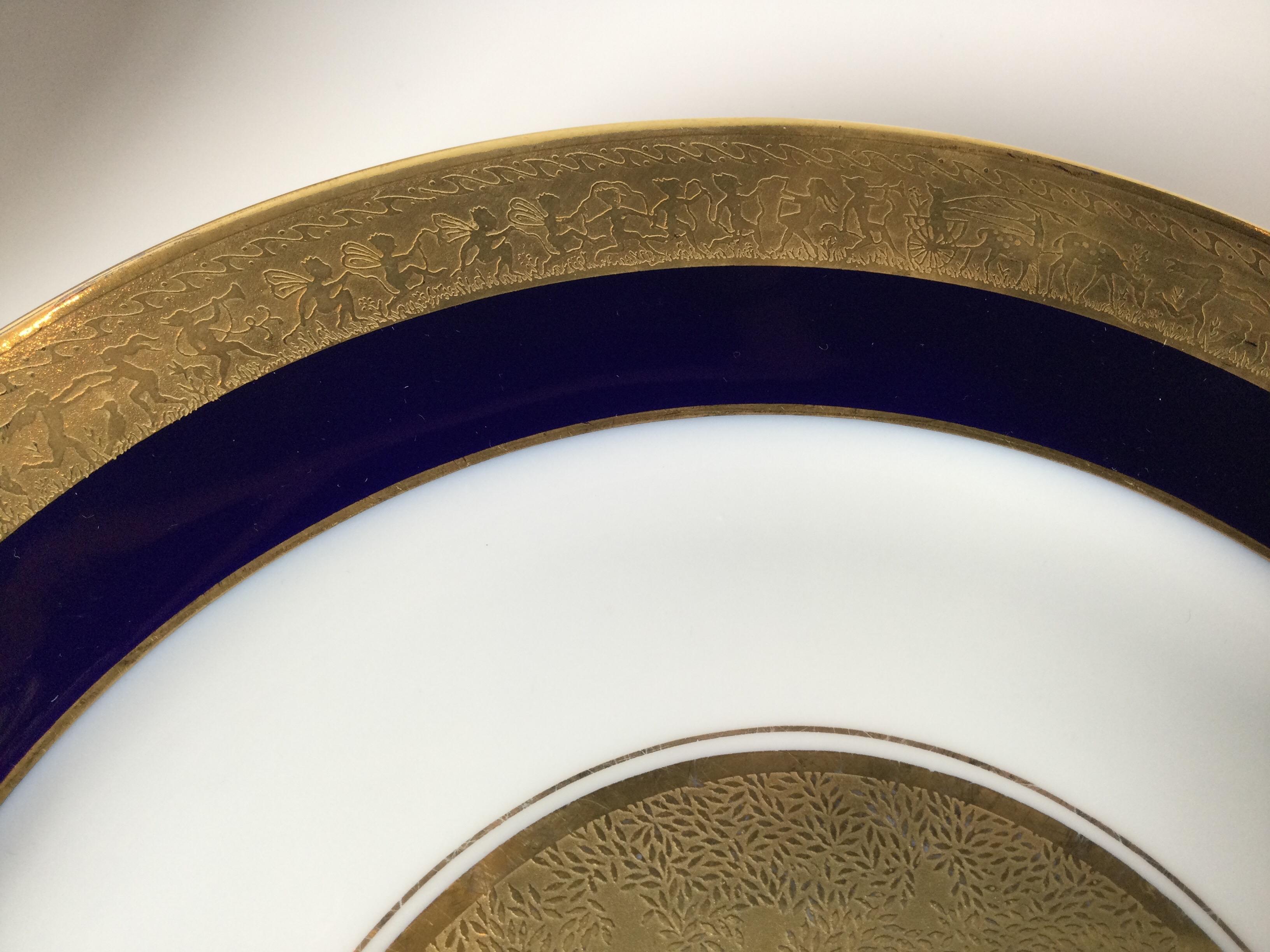 20th Century Set of 6 Cobalt Blue and Gold Encrusted Service Plates