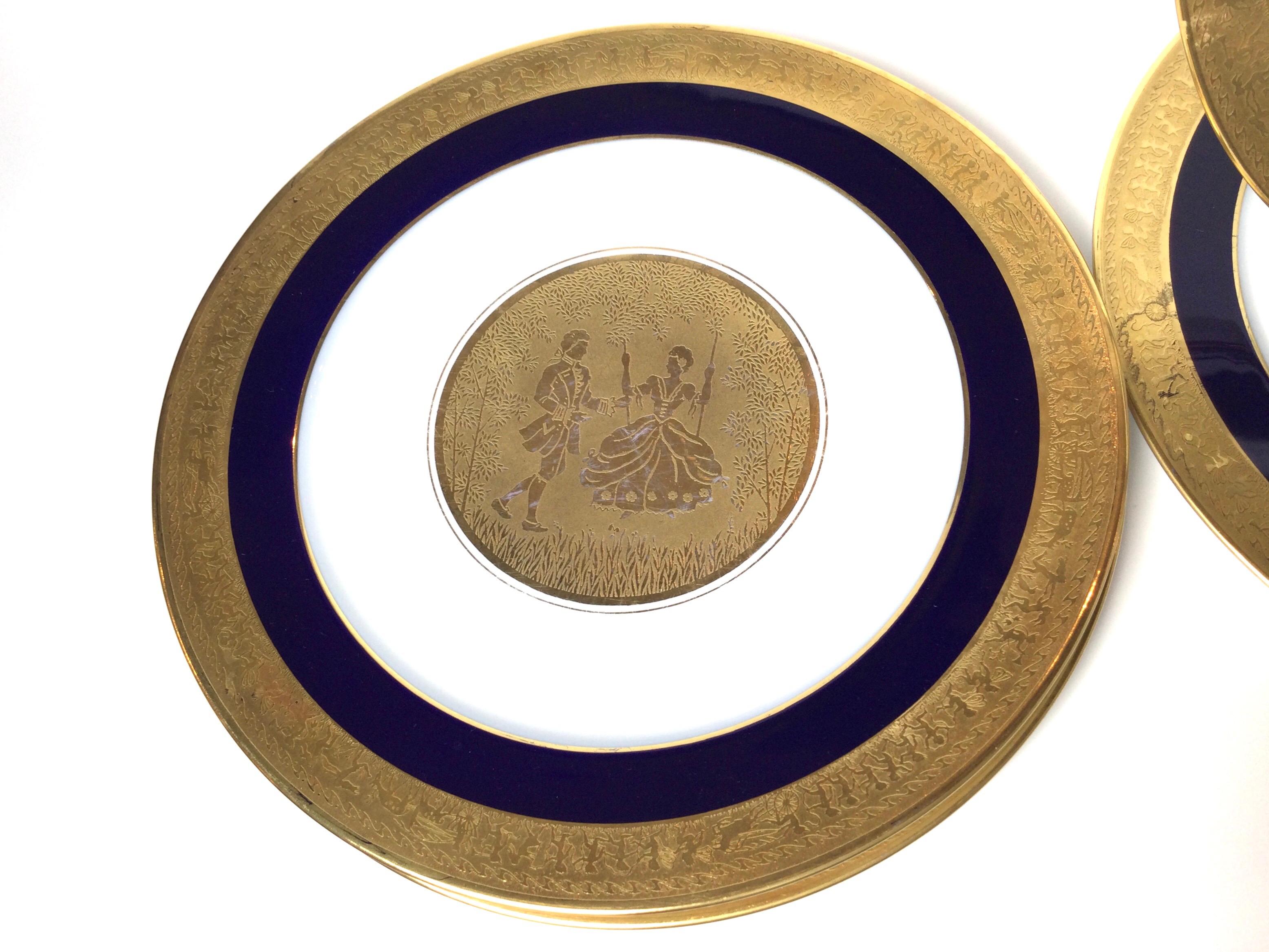 Porcelain Set of 6 Cobalt Blue and Gold Encrusted Service Plates
